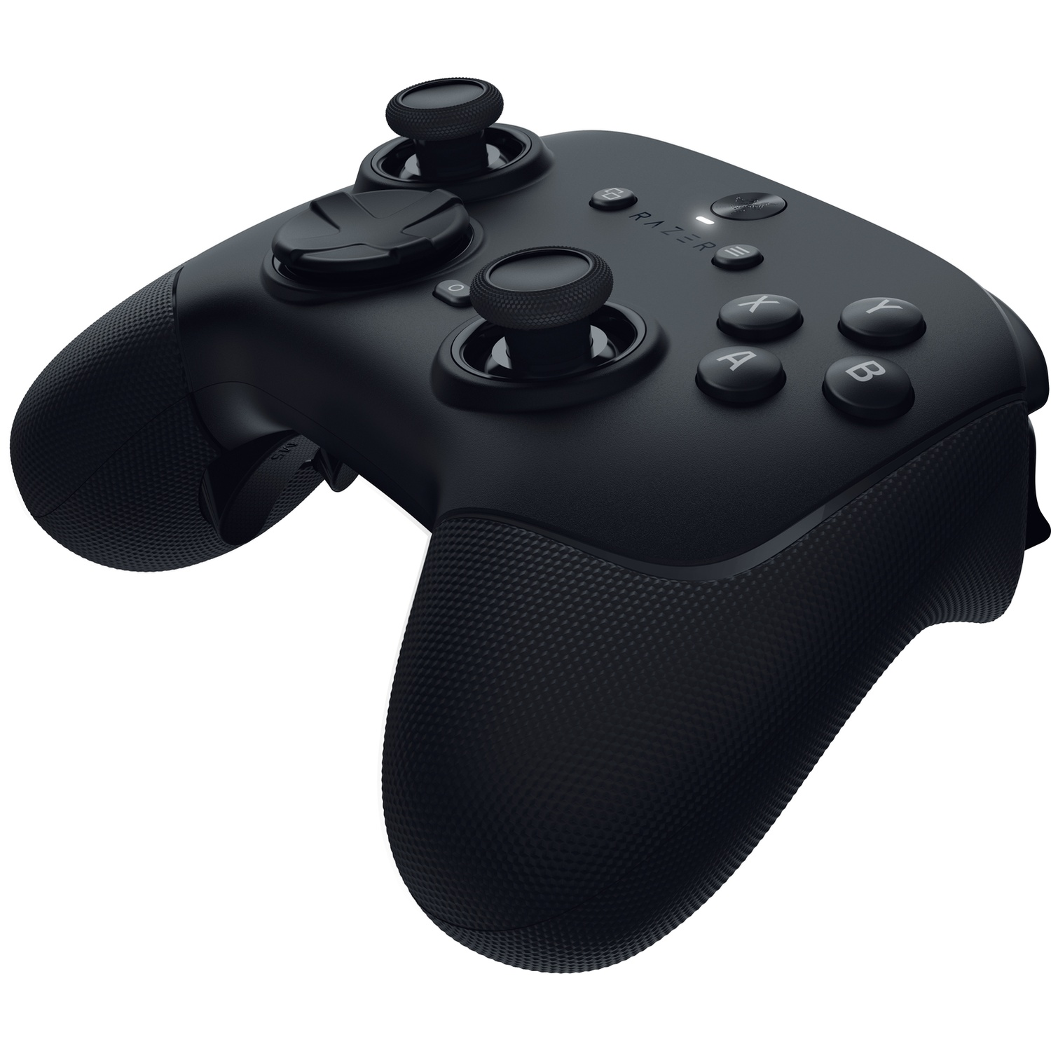Black Razer controller. Features buttons, joysticks, and textured grips. The background is white.