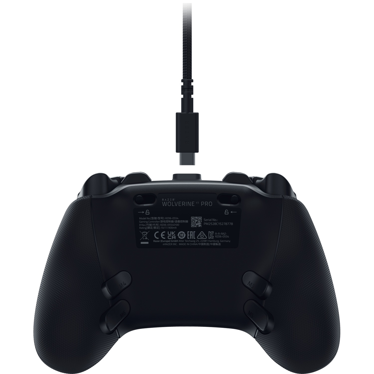 Black Razer Wolverine V3 Pro controller, connected via USB-C cable. Features buttons, text details, and a textured grip.