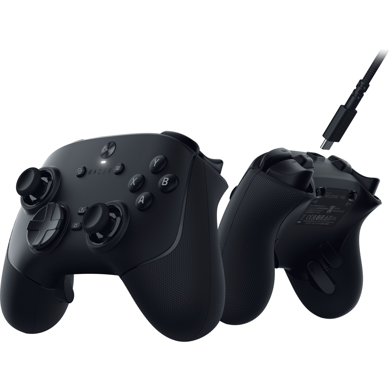 Black Razer Wolverine Pro controller. Showing front and back. USB-C cable is connected. Buttons, triggers, and thumbsticks are visible.