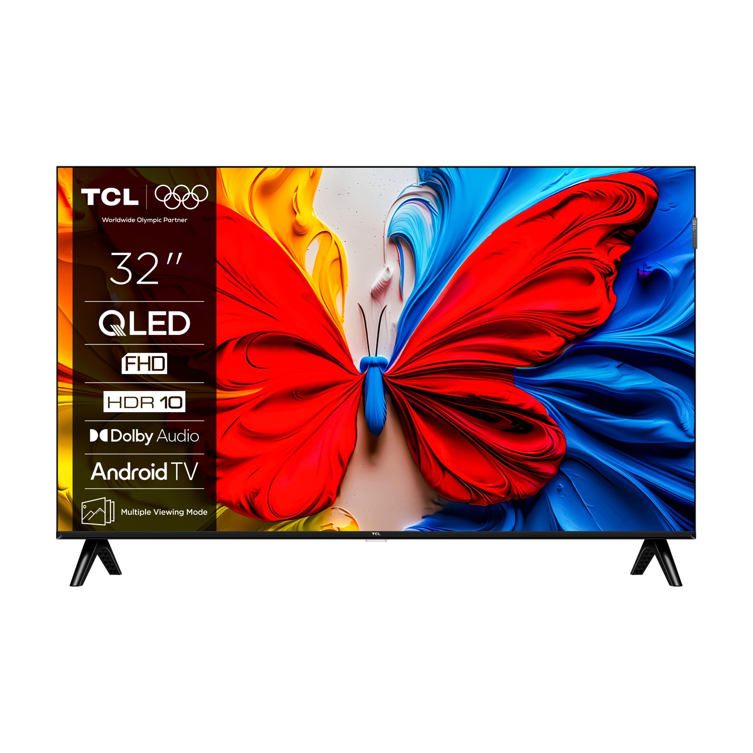 TCL 32" QLED Android TV. Il display presenta FHD, HDR10 e Dolby Audio. Lo sfondo ha un motivo a farfalla con colori rosso, blu e giallo.