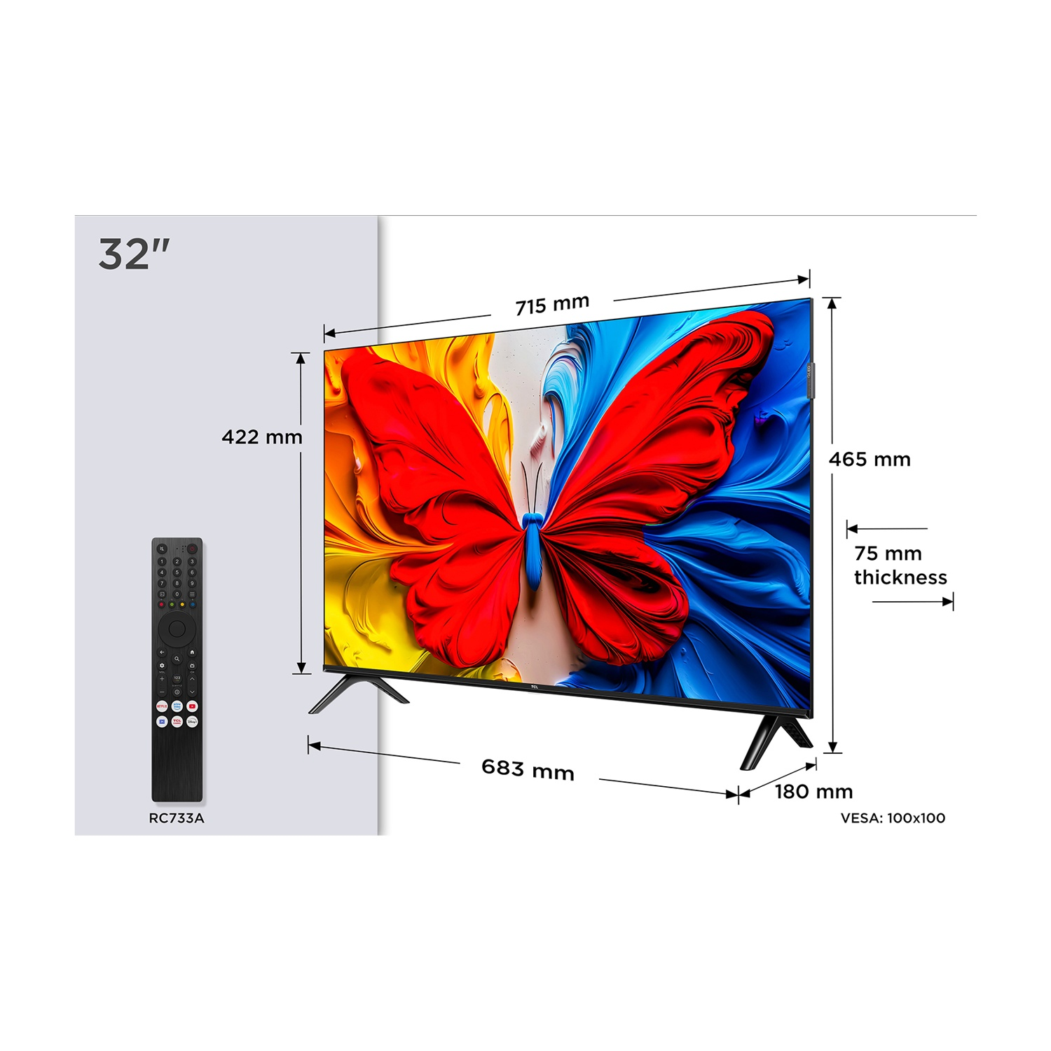 Una TV da 32 pollici con un'immagine di farfalla colorata sullo schermo. Un telecomando è a sinistra. Le dimensioni sono visualizzate.