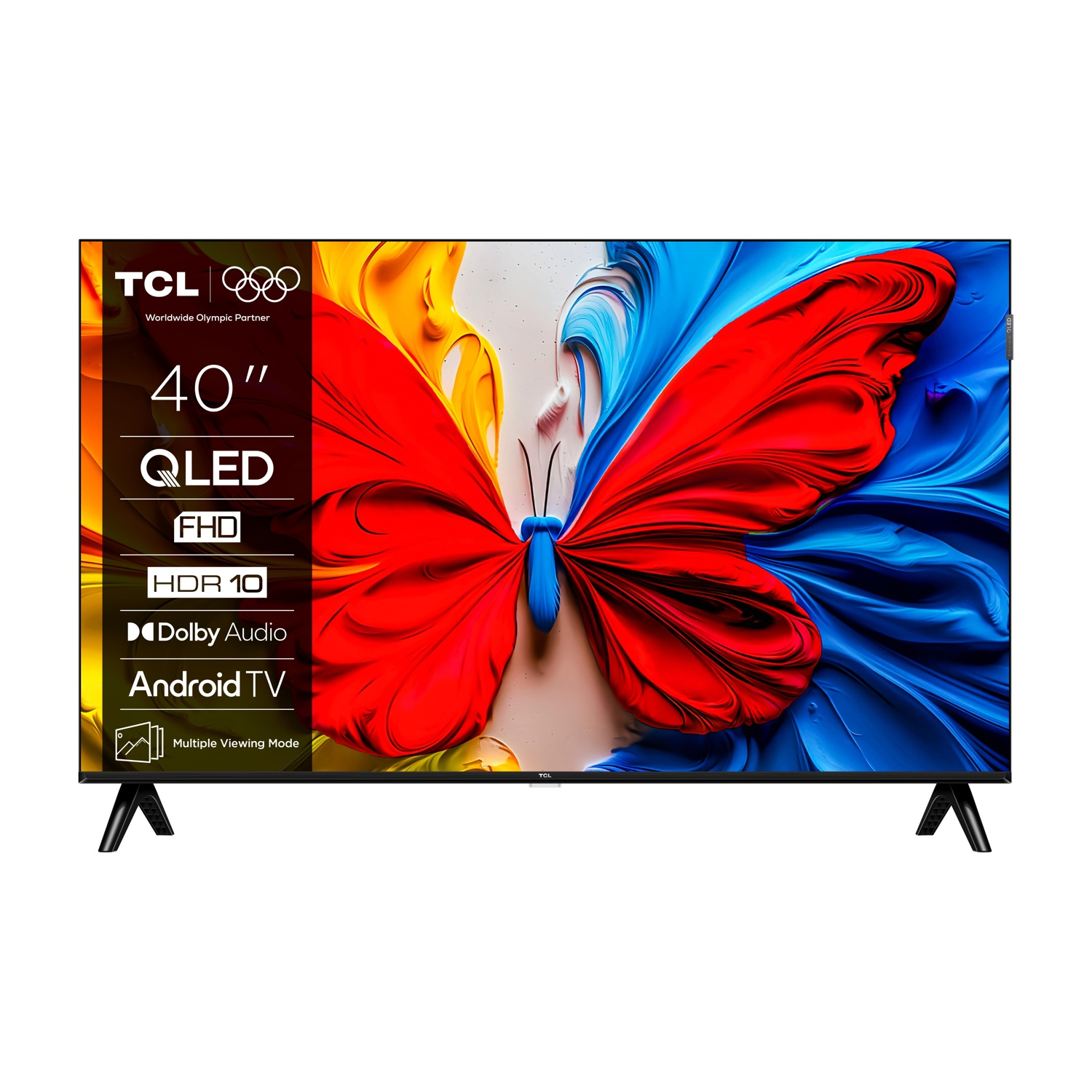 TV TCL QLED 40". Caratteristiche: HDR 10, Dolby Audio e Android TV. Lo schermo mostra un design a farfalla.