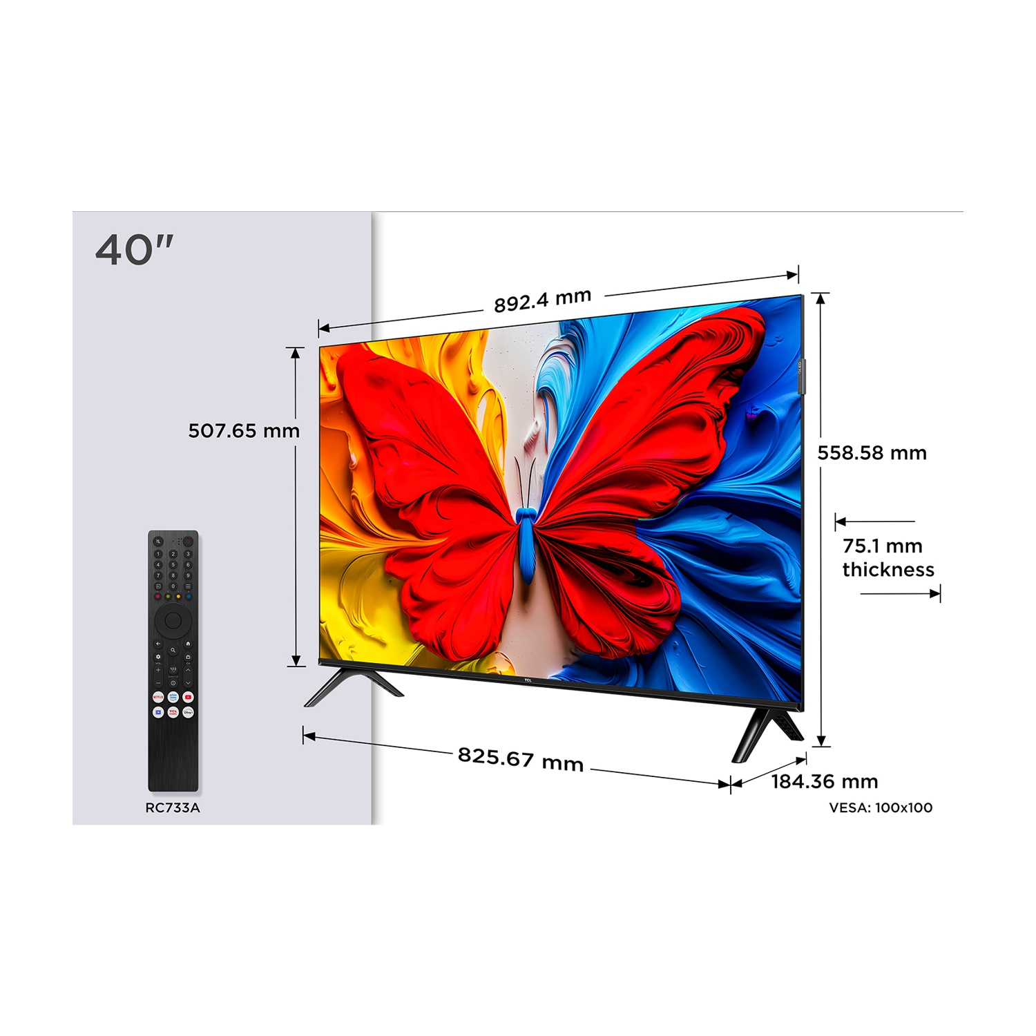 Una TV da 40 pollici con un'arte a farfalla sullo schermo, telecomando e misure. Lo schermo mostra arte astratta rossa, blu e gialla.