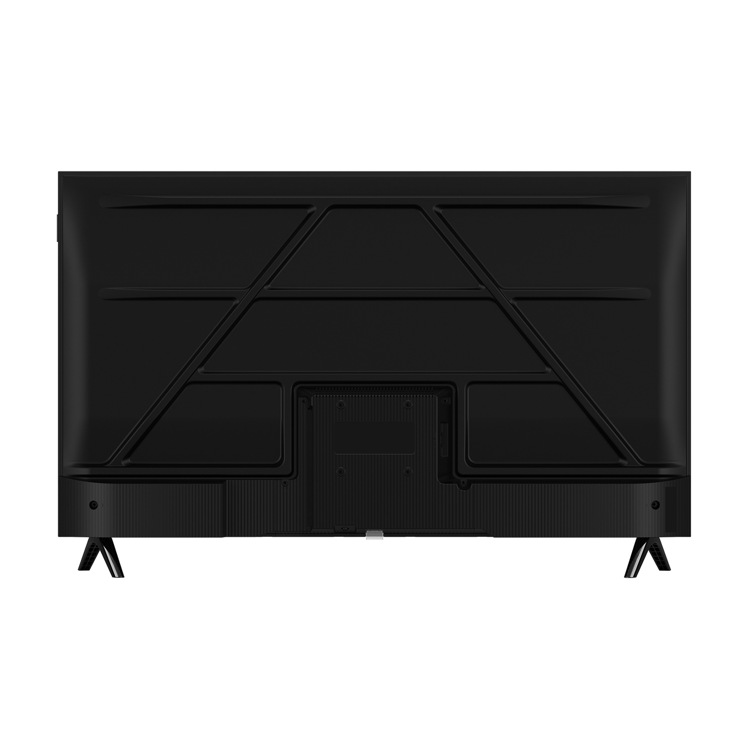 Il retro di una TV nera. Ha una struttura di supporto in metallo, prese d'aria e due gambe a forma di V.