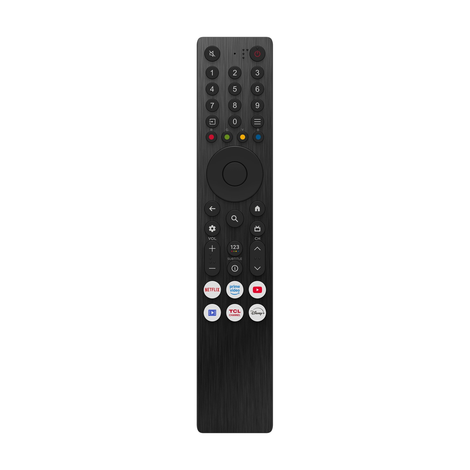 Un telecomando TV nero con pulsanti, inclusi numeri, controllo del volume e icone dei servizi di streaming come Netflix e Disney+.