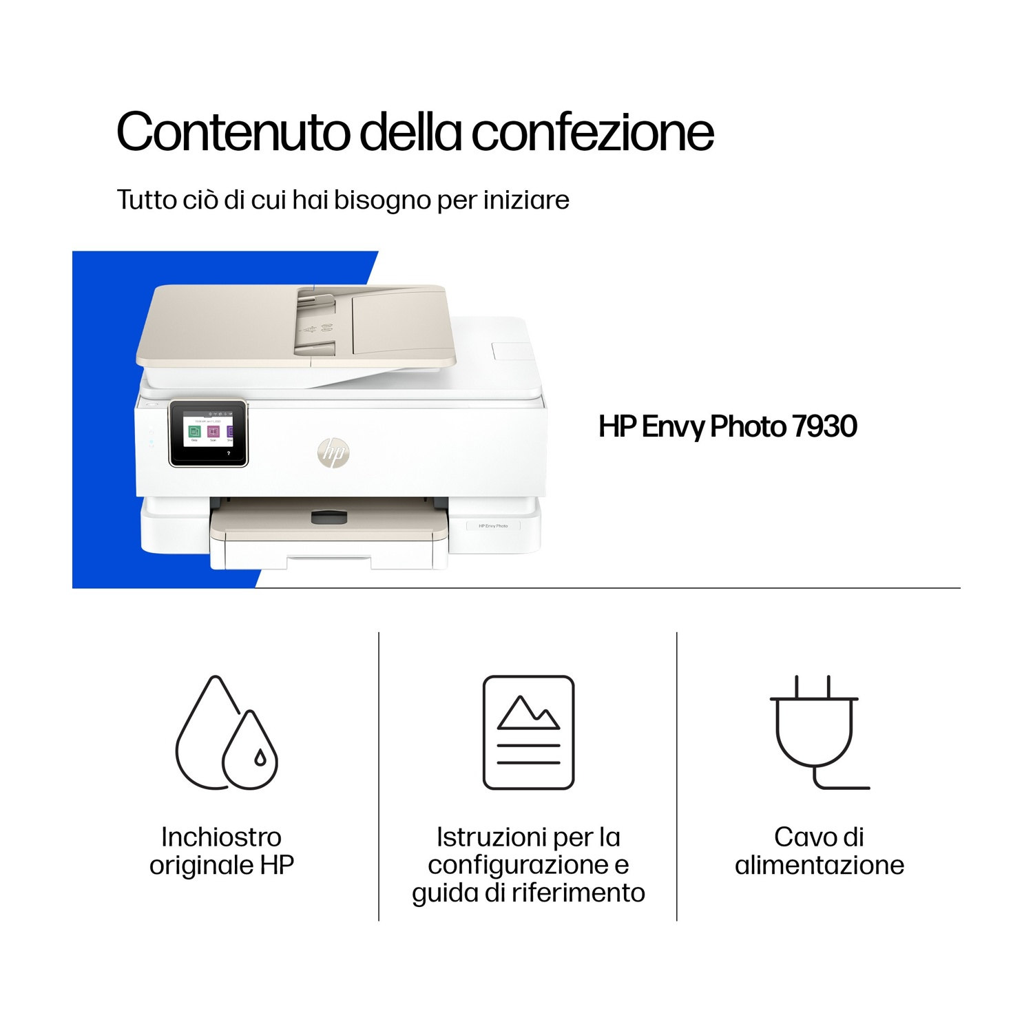 L'immagine mostra una stampante HP Envy Photo 7930 e i suoi componenti: inchiostro, guida all'installazione e cavo di alimentazione.