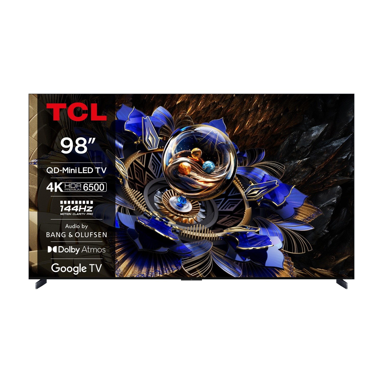 Un televisore TCL da 98 pollici mostra un design astratto blu e oro. Le caratteristiche includono 4K HDR, Dolby Atmos e Google TV.