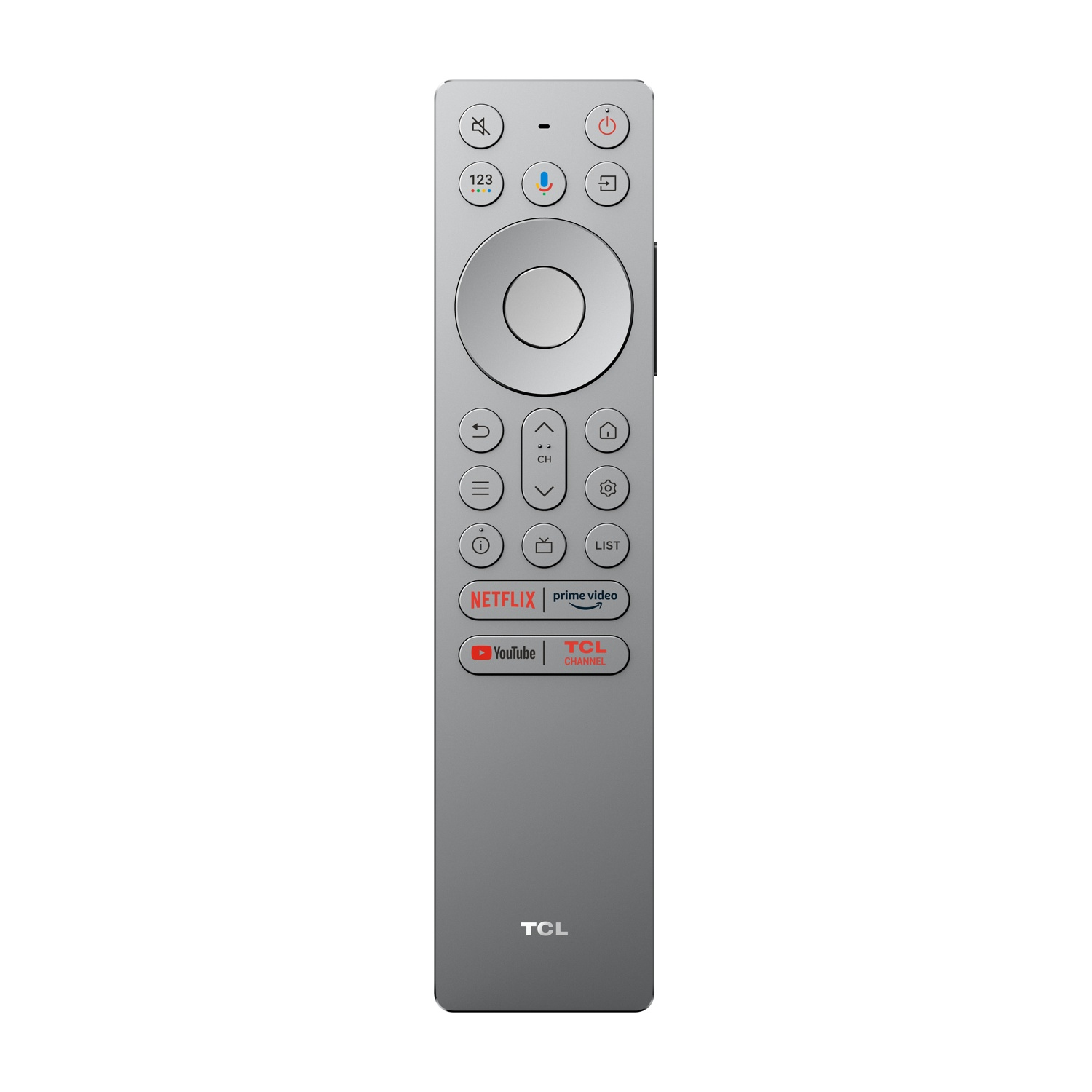 Un telecomando TV TCL grigio. Ha vari pulsanti per volume, accensione, canale, Netflix, YouTube e TCL Channel.