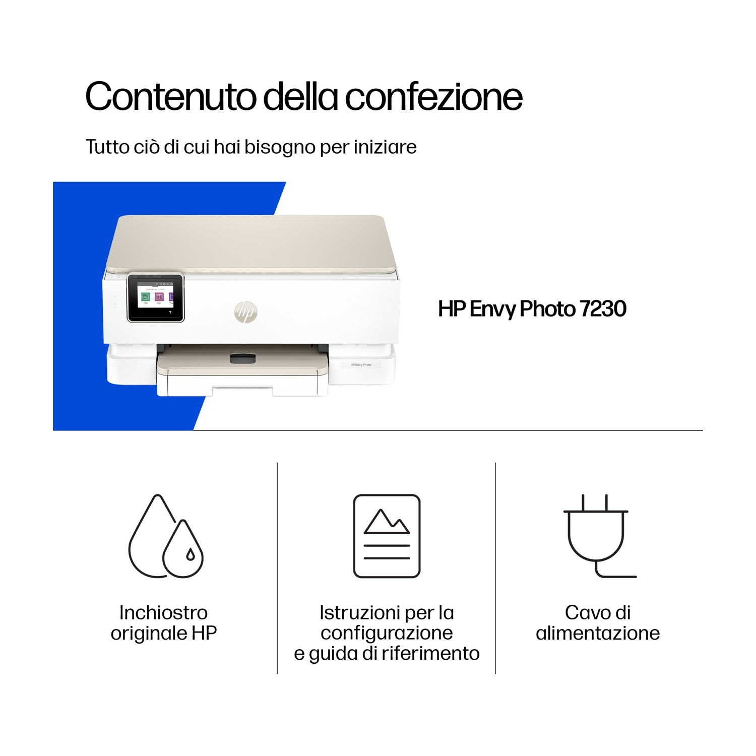L'immagine mostra una stampante HP Envy Photo 7230 e i suoi componenti inclusi: inchiostro, guida all'installazione e cavo di alimentazione.