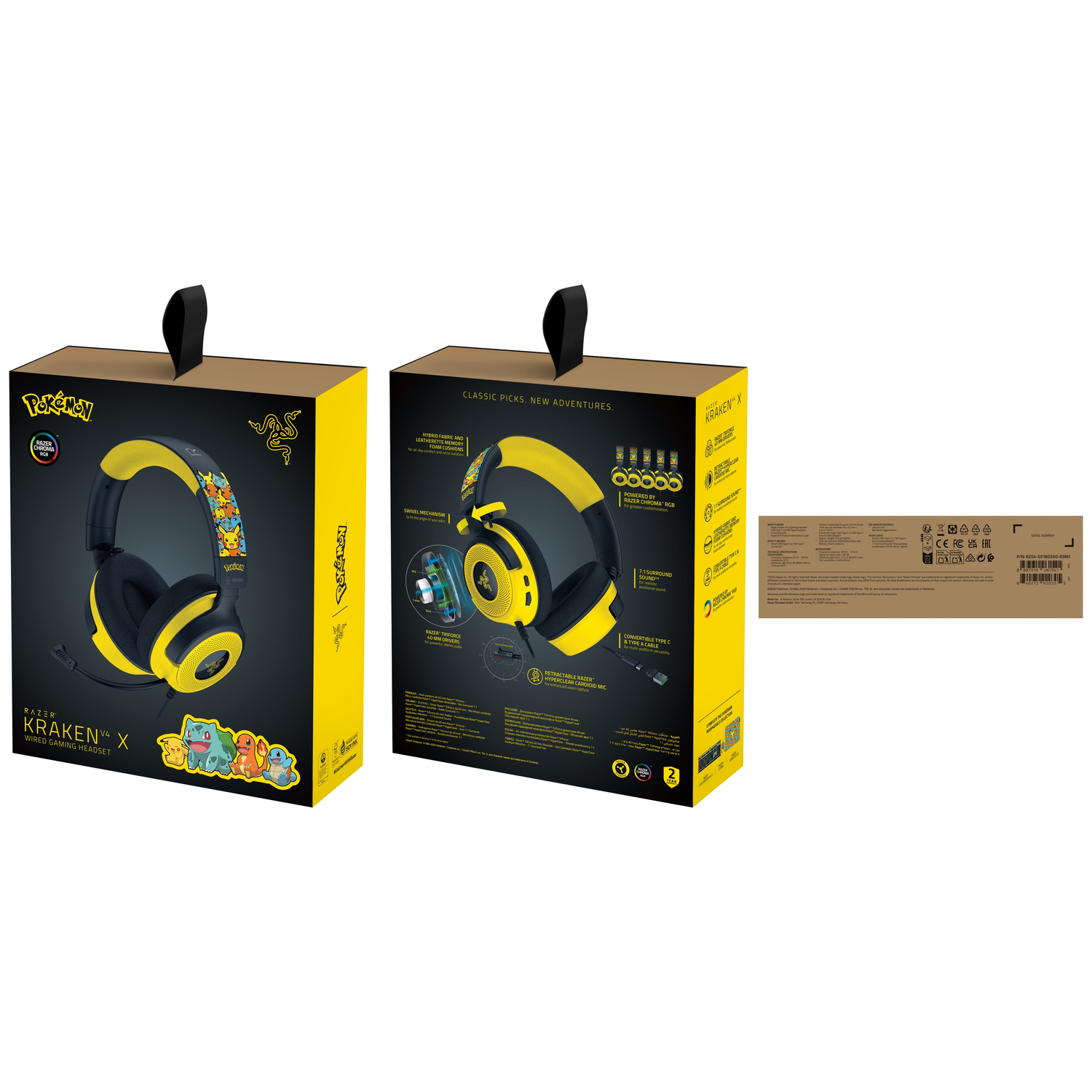 Two boxes of Razer Kraken X Pokémon edition headphones. Yellow and black color scheme. Pikachu and other Pokémon characters are visible.