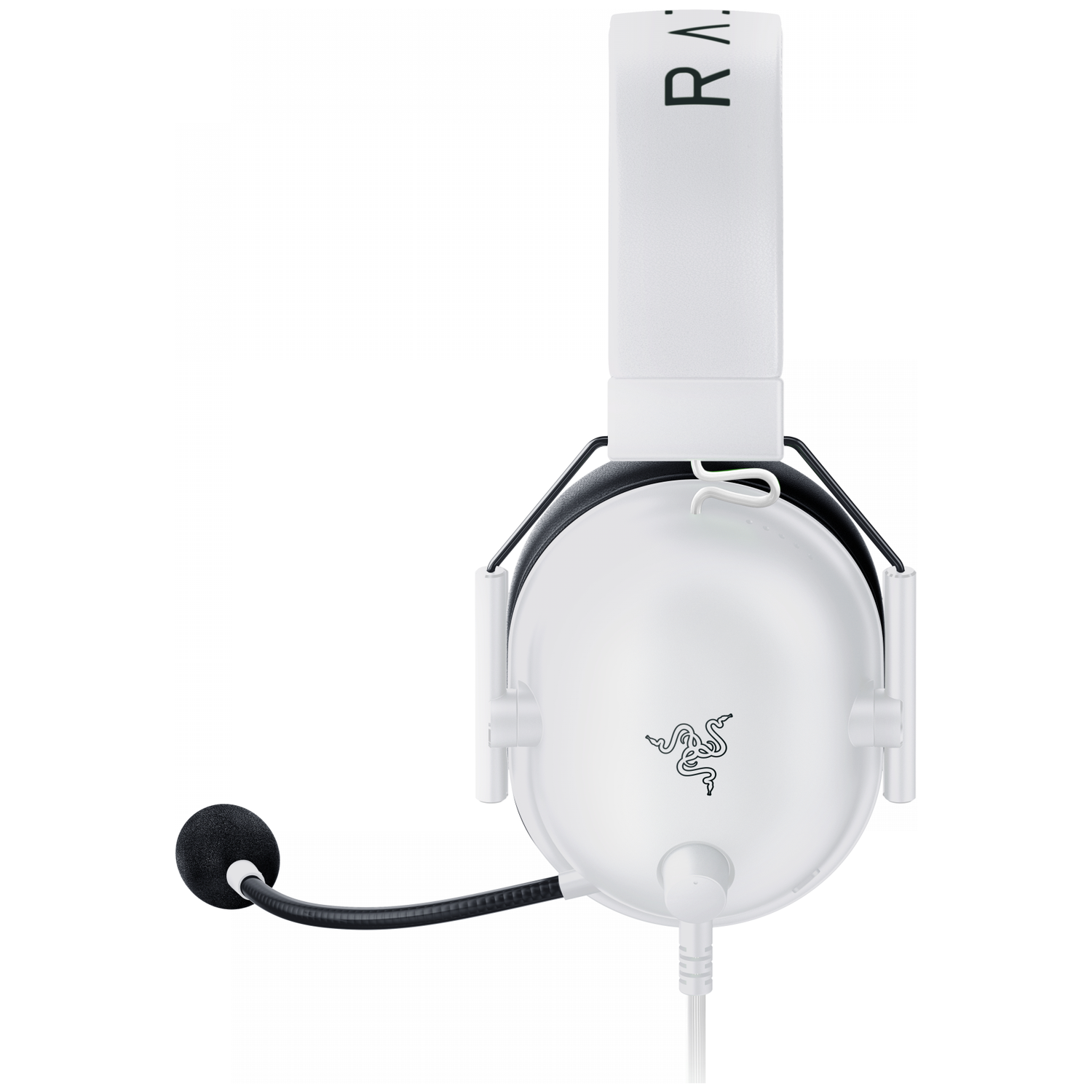 Witte Razer gaming headset met een zwarte microfoon. De headset heeft een Razer logo en staat op een witte achtergrond.