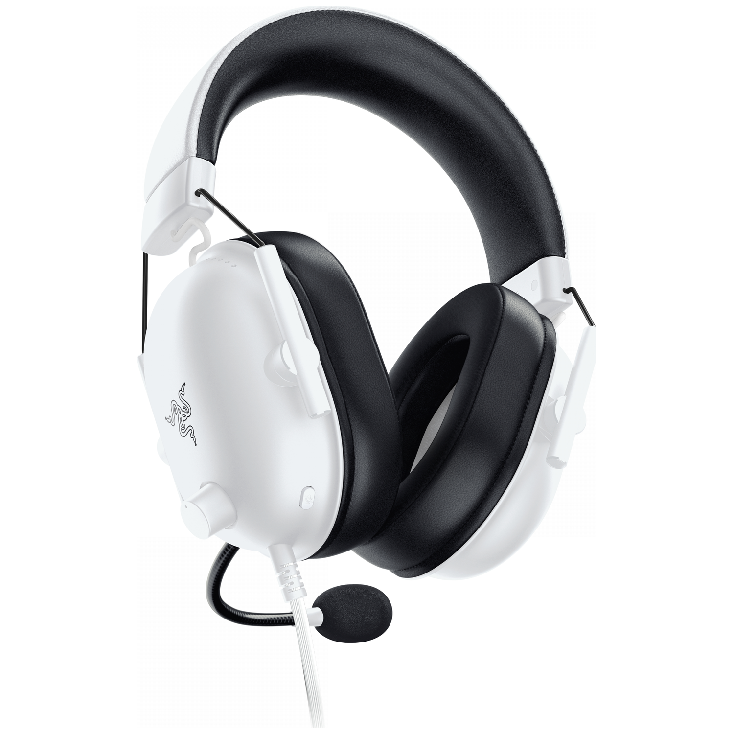 Witte en zwarte gamingheadset. De headset heeft een microfoon, oorschelpen en een hoofdband. De achtergrond is wit.