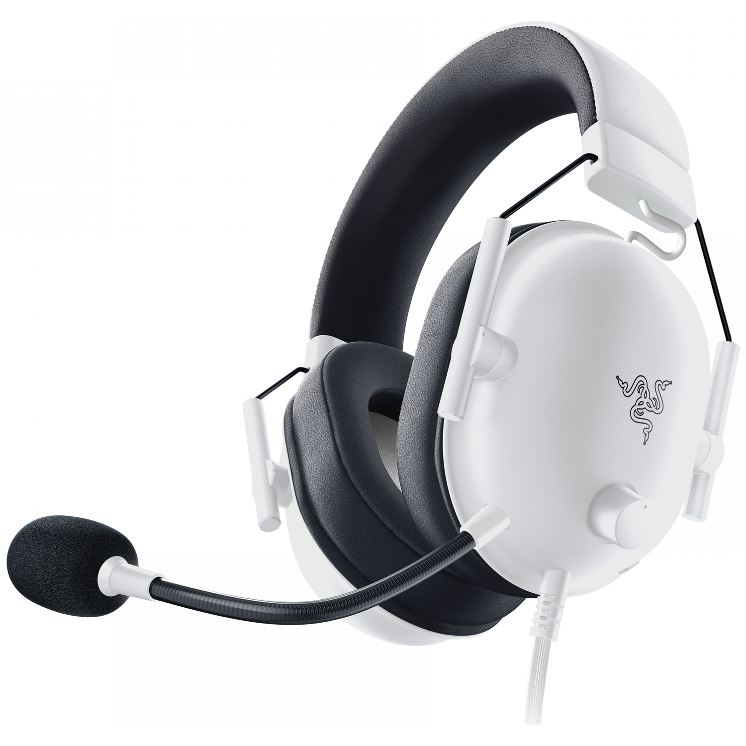Witte Razer gaming headset met zwarte oorkussens en microfoon. Razer logo is zichtbaar op de oorschelp.