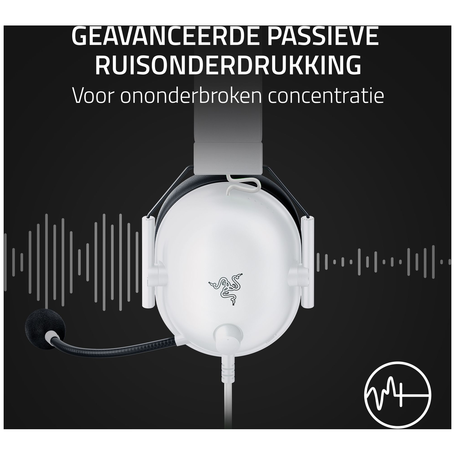 Witte Razer-headset met microfoon op zwarte achtergrond. Tekst bovenaan, geluidsgolfpictogrammen aan de zijkanten en logo rechtsonder.