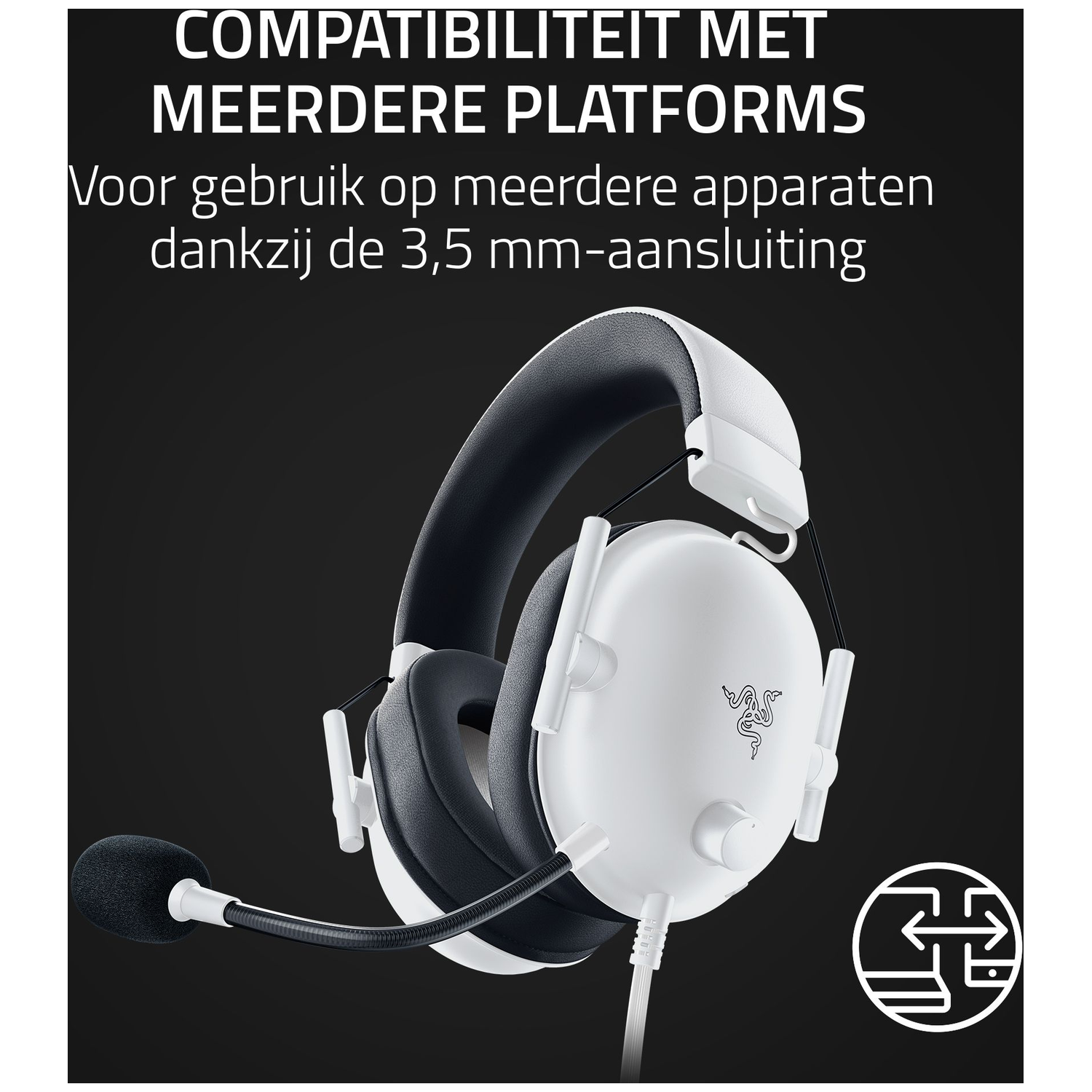 Witte gamingheadset met zwarte accenten, een microfoon en een 3,5 mm-stekker. Tekst: Compatibiliteit met meerdere platforms.