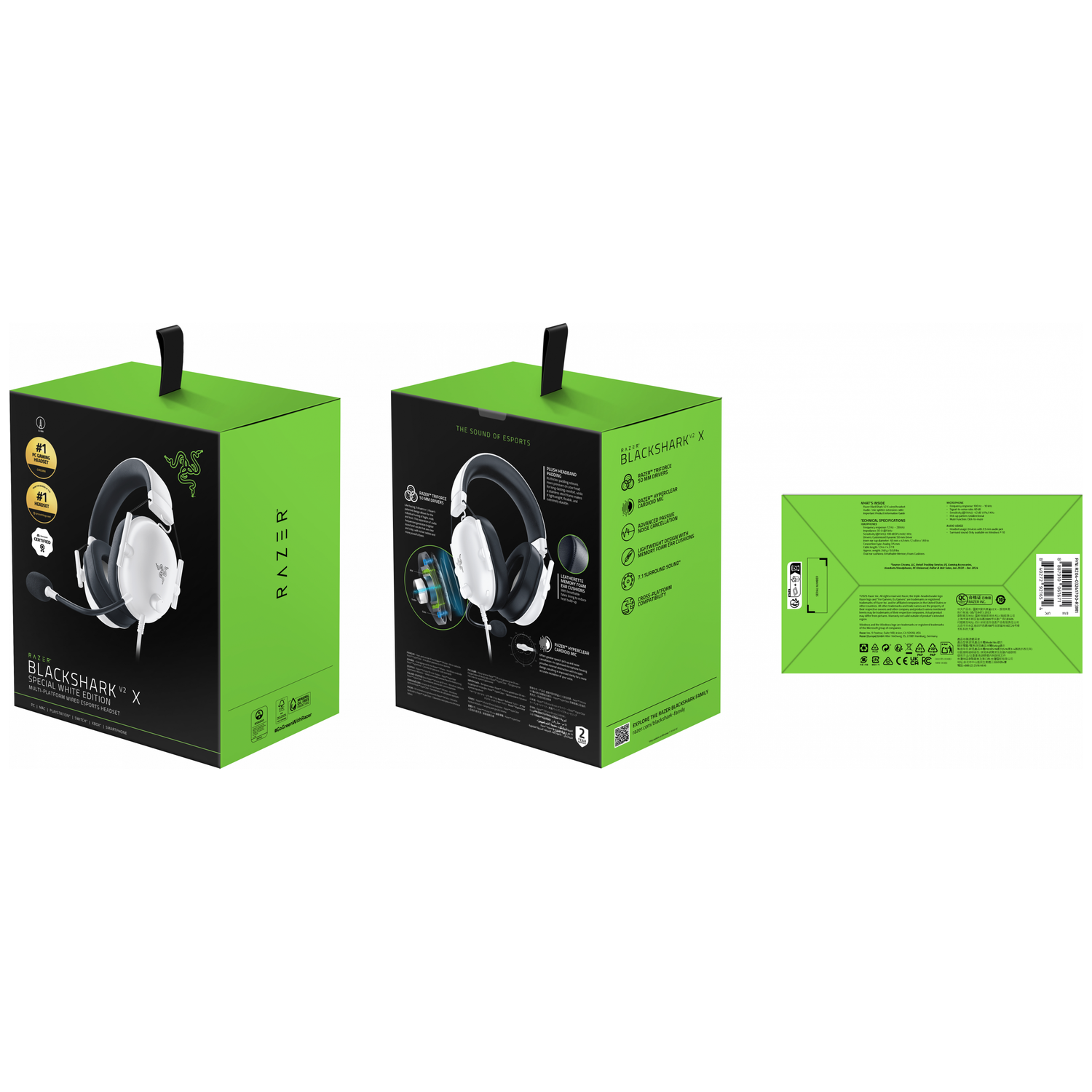 Drie dozen Razer Blackshark V2 X headsets. De dozen zijn groen en zwart, met een headset afbeelding. De achtergrond is wit.