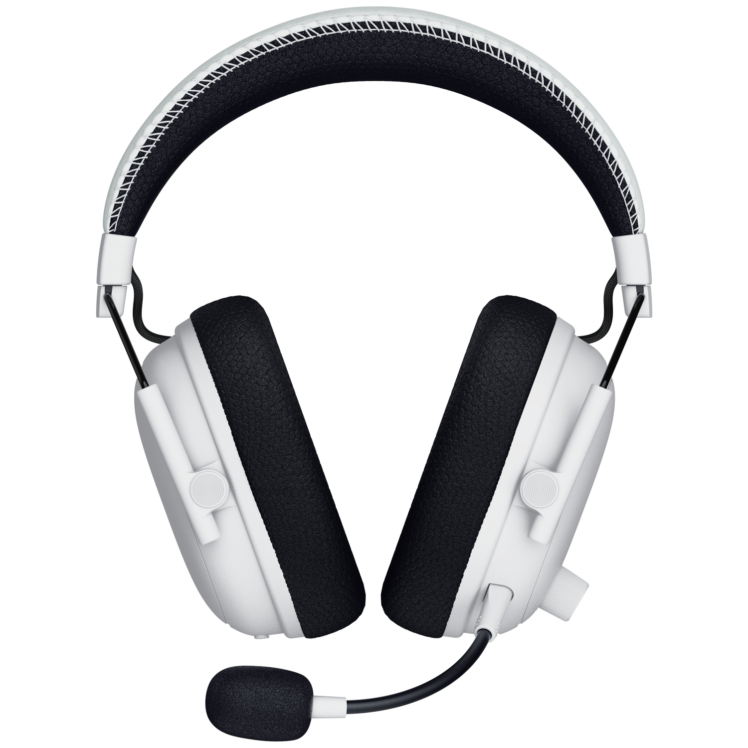 White and black gaming headset. The headband and earcups are white. The ear pads are black. A microphone extends from the left earcup.