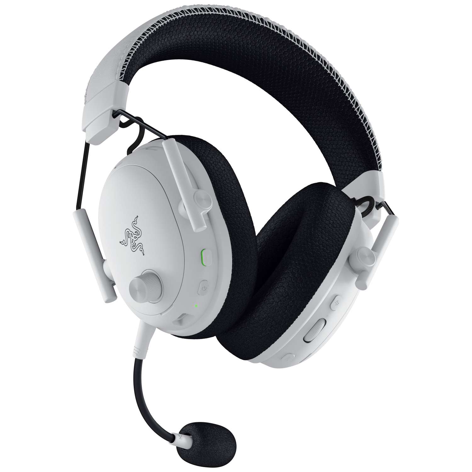 White and black gaming headset. It has a microphone, volume control, and a Razer logo. The background is white.