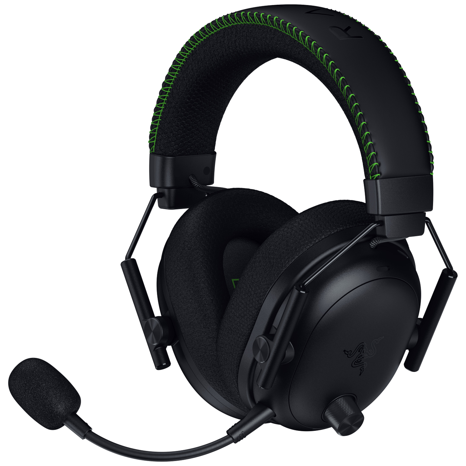 Zwarte Razer gaming headset met groene stiksels, een microfoon en een volumeregeling. De achtergrond is wit.