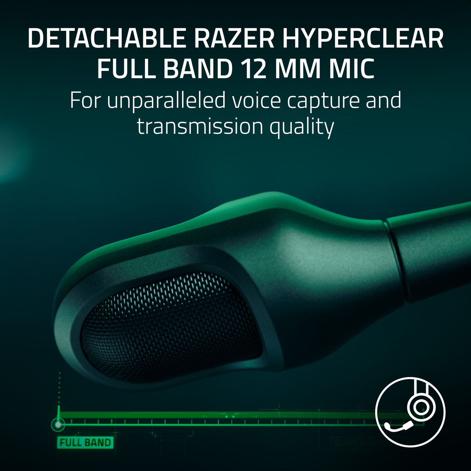 Close-up van een zwarte microfoon met een mesh cover. Groene lijnen en tekst geven de audiofrequentie en 'FULL BAND' aan.