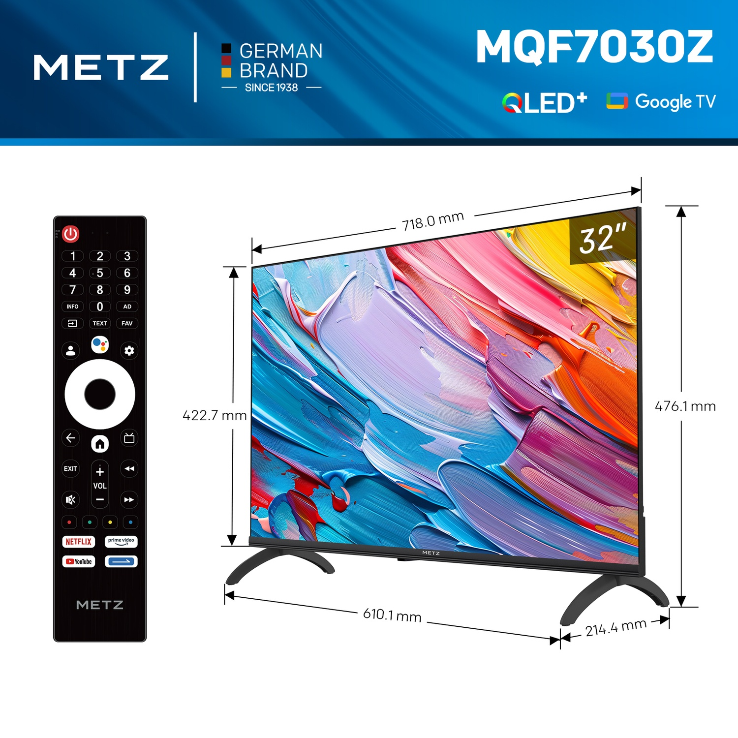 Un televisore Metz da 32 pollici con telecomando. Presenta un display astratto colorato. Le dimensioni sono indicate.