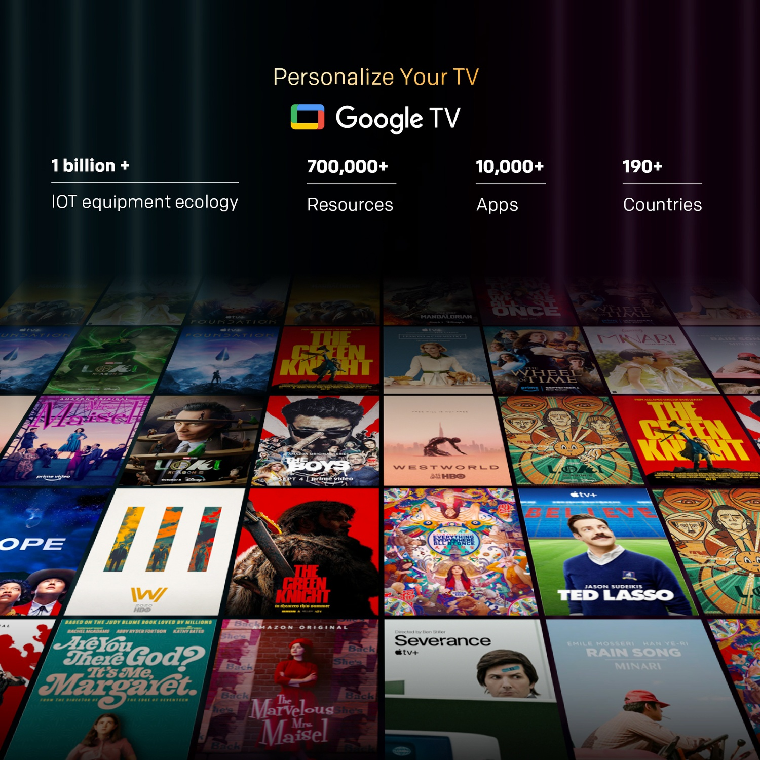 Interfaccia di Google TV che mostra vari poster di film e statistiche sulla piattaforma.