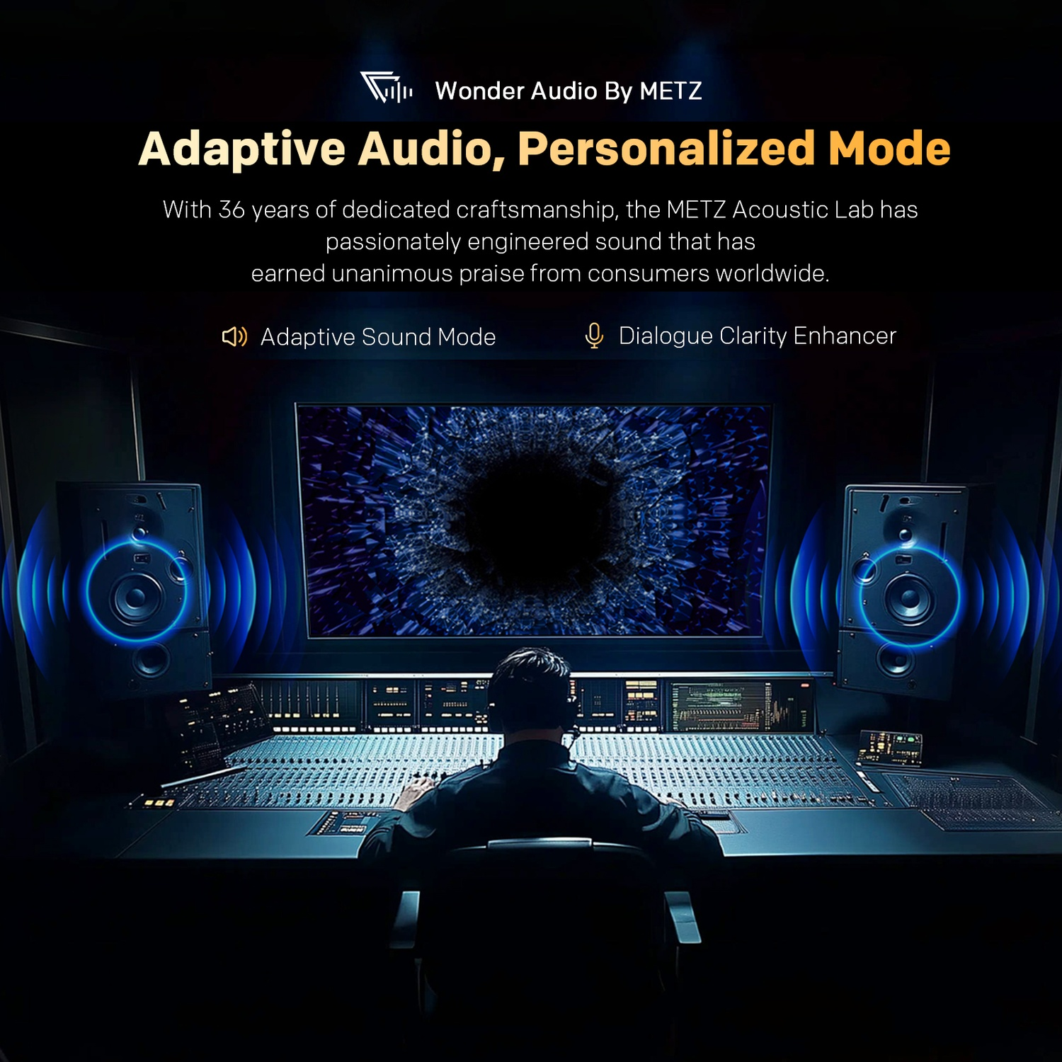 Un tecnico del suono a una console di missaggio, due altoparlanti e uno schermo. Il testo recita Adaptive Audio, Personalized Mode.