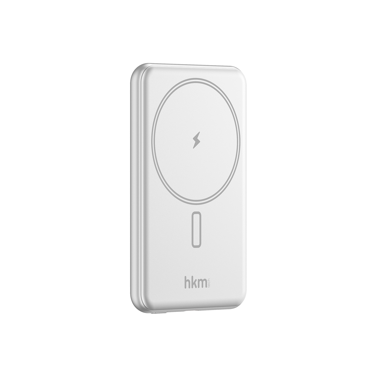 Dairesel şarj alanına ve yıldırım sembolüne sahip beyaz dikdörtgen bir powerbank. Alt kısımda 'hkm tech' logosu bulunmaktadır.