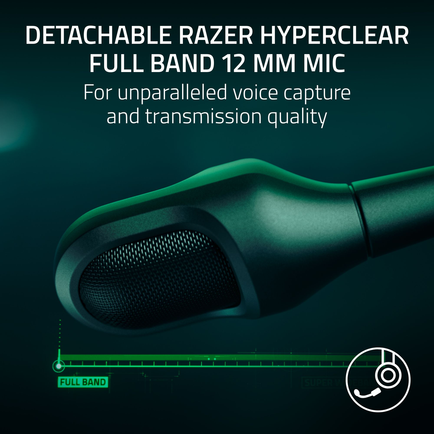 Close-up of a microphone with the text 'DETACHABLE RAZER HYPERCLEAR FULL BAND 12 MM MIC'. A green line and headset icon are also visible.