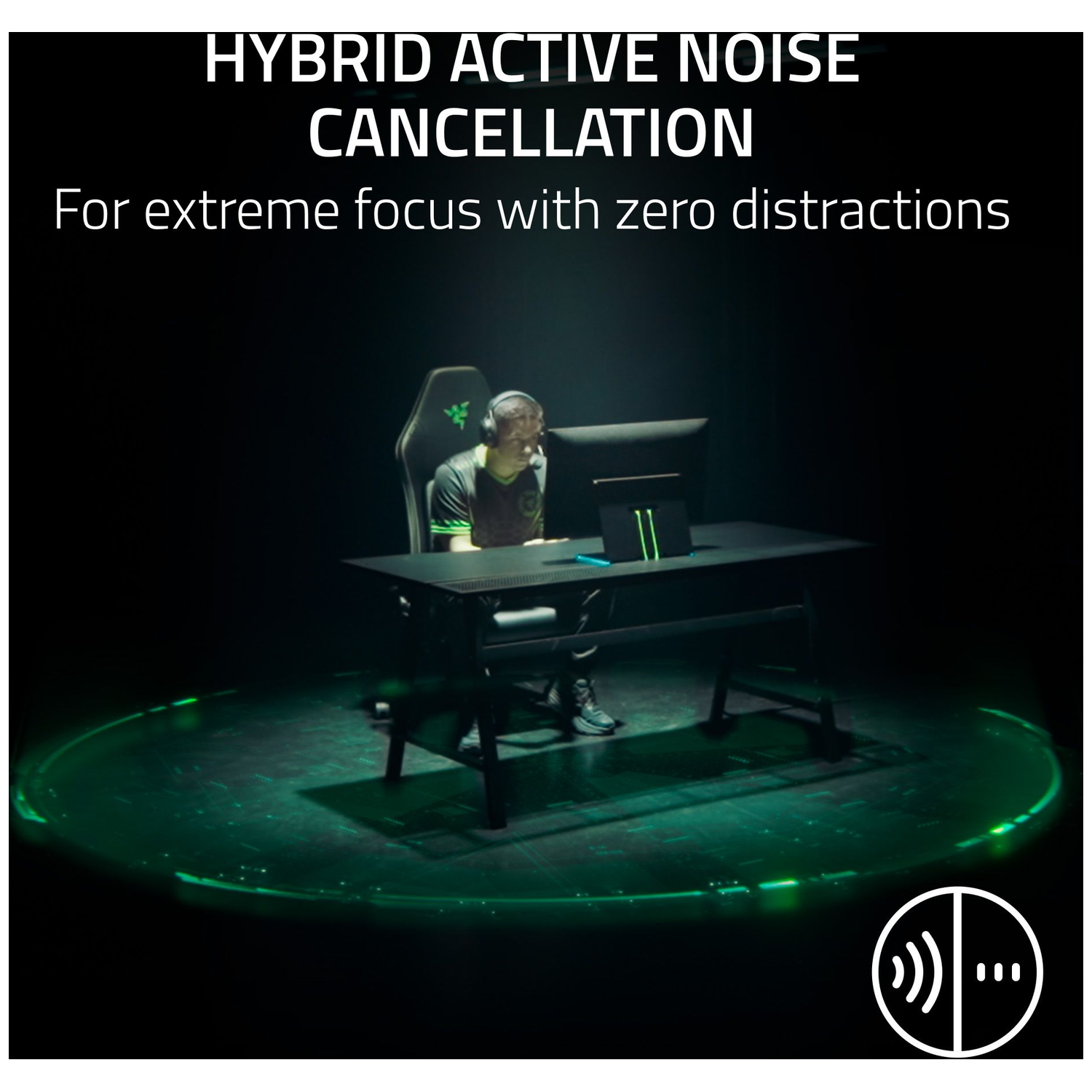 A person wearing headphones sits at a desk, focused on a monitor. The scene is dark with green accents.