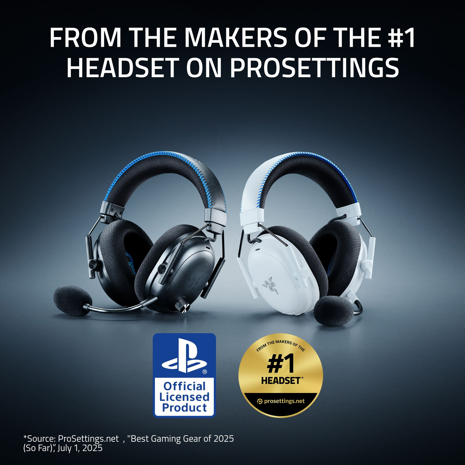 Two gaming headsets, black and white, with microphones. Text: #1 Headset on Prosettings, Official Licensed Product.