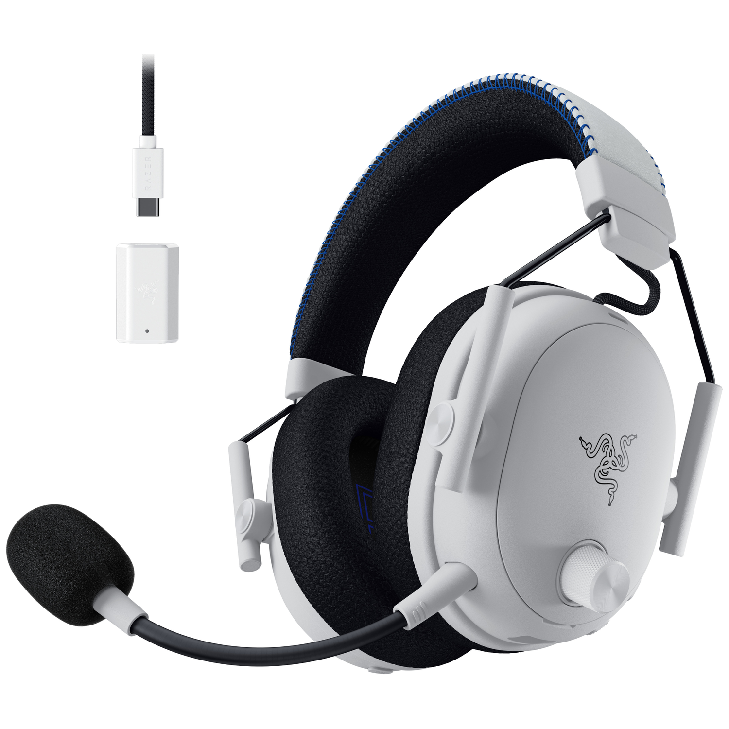 White gaming headset with black earcups and a microphone. Includes a USB-C cable and a small receiver.