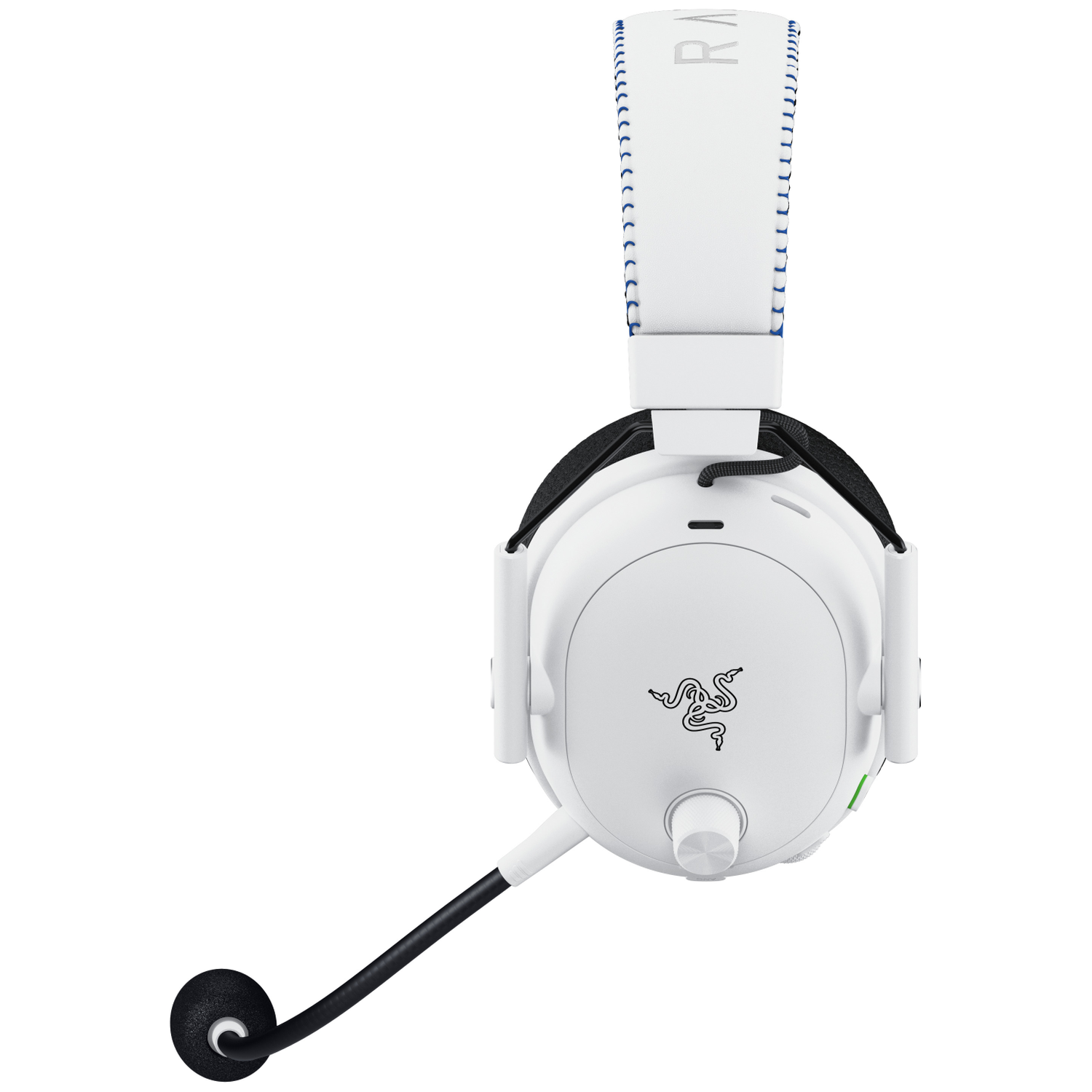 White Razer gaming headset with black accents. A black microphone extends from the left earcup. Razer logo is on the earcup.