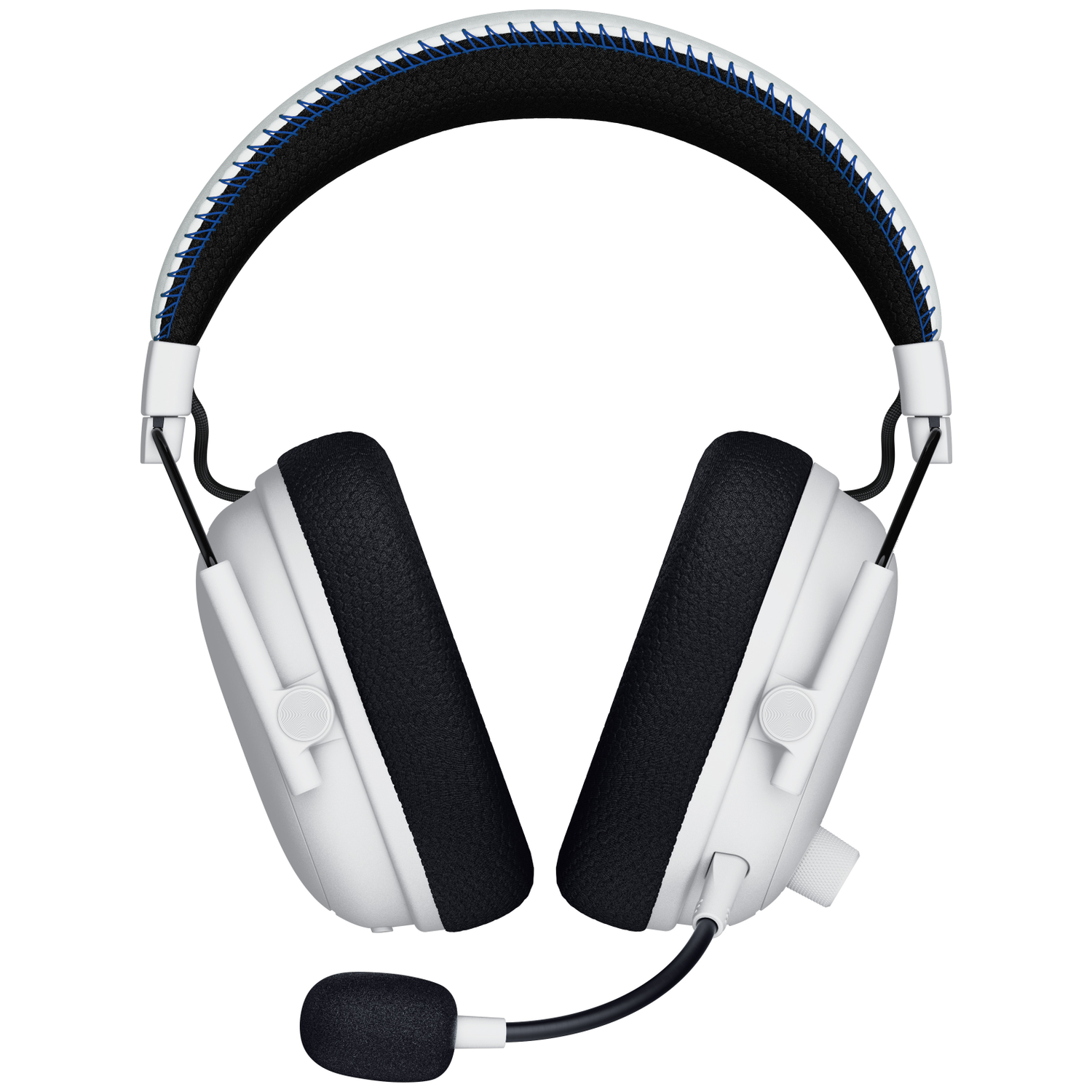 White gaming headset with black earcups and a microphone. Blue stitching on the headband. Isolated on white background.
