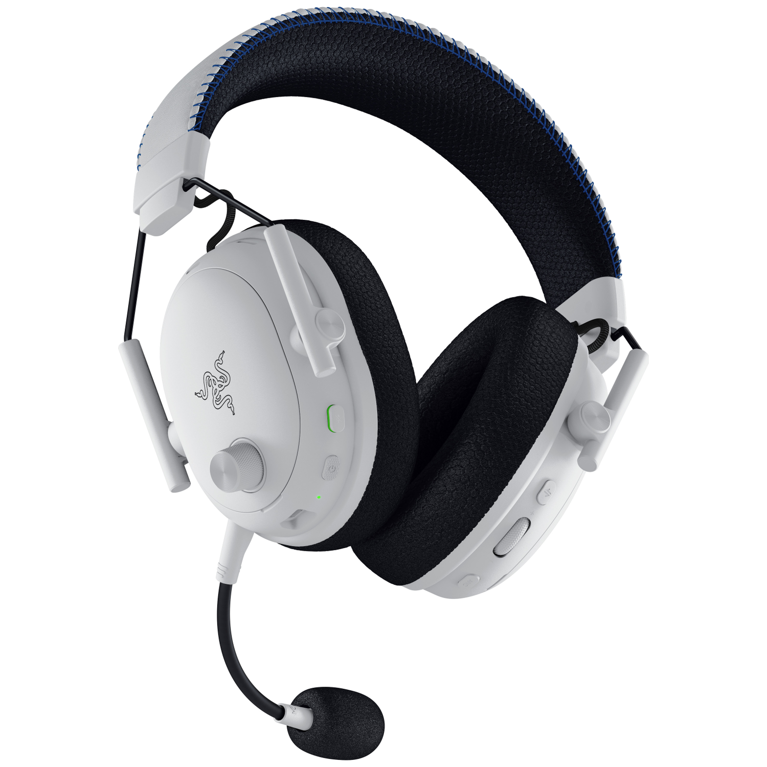 White and black gaming headset. It has a microphone and volume controls. The headband is black with blue stitching.