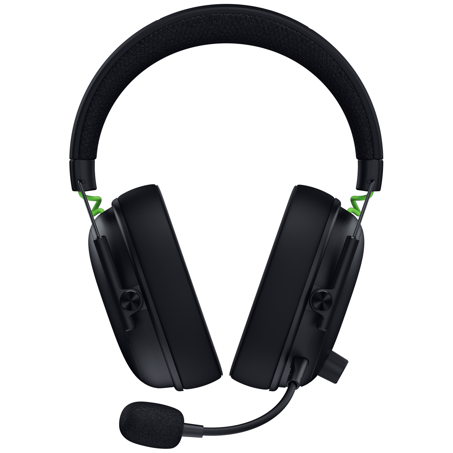 Zwarte gamingheadset met een microfoon. De headset heeft een gewatteerde hoofdband en oorschelpen. Een groene kabel is zichtbaar.