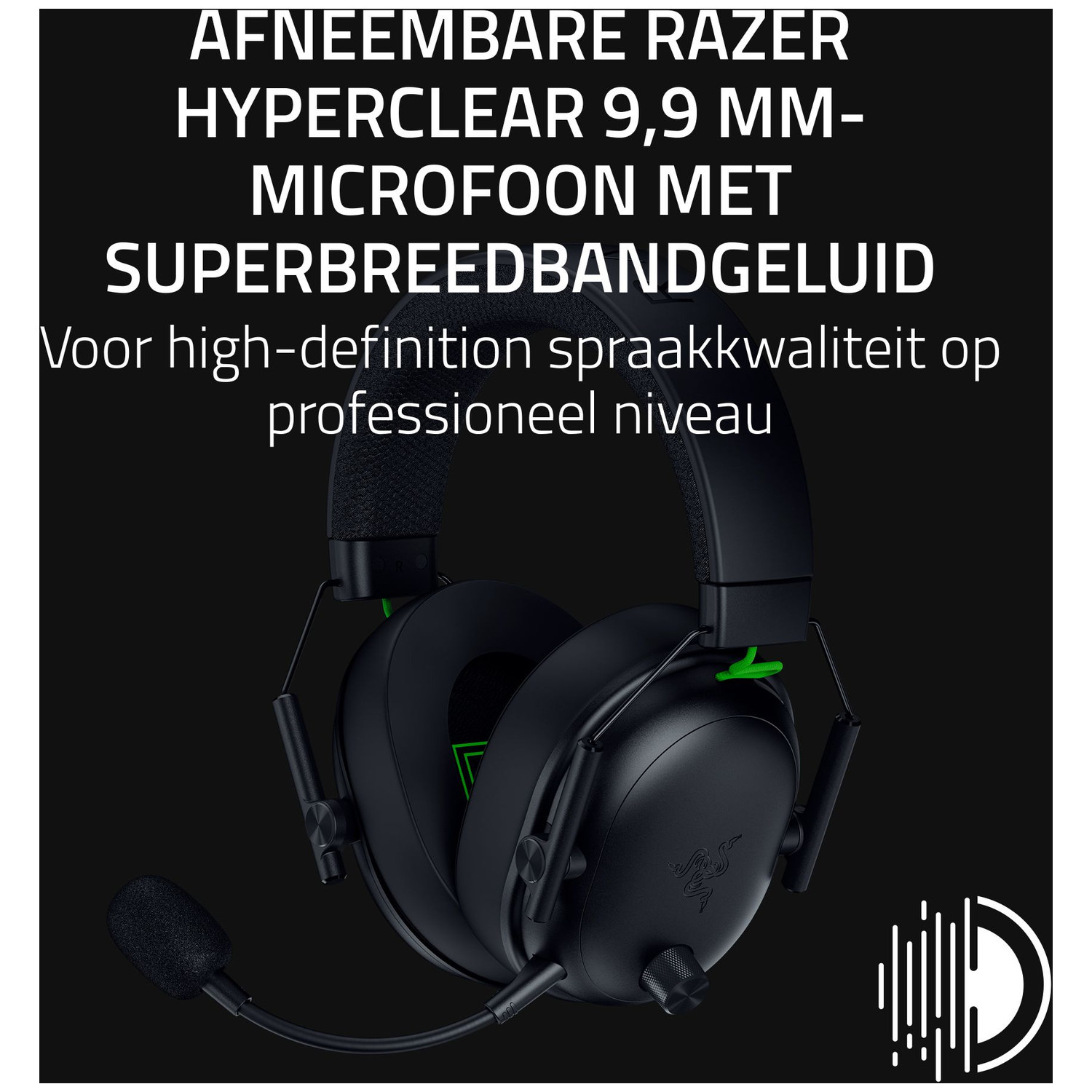 Zwarte Razer headset met een afneembare microfoon. Tekst bevat 'Hyperclear' en 'Superbreedgebandgeluid'. Groene accenten zijn zichtbaar.