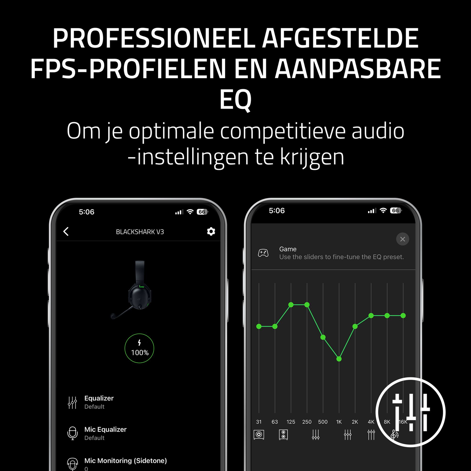 Twee telefoons tonen audio-instellingen. De linker toont een headset met 100% lading. De rechter toont een equalizergrafiek.