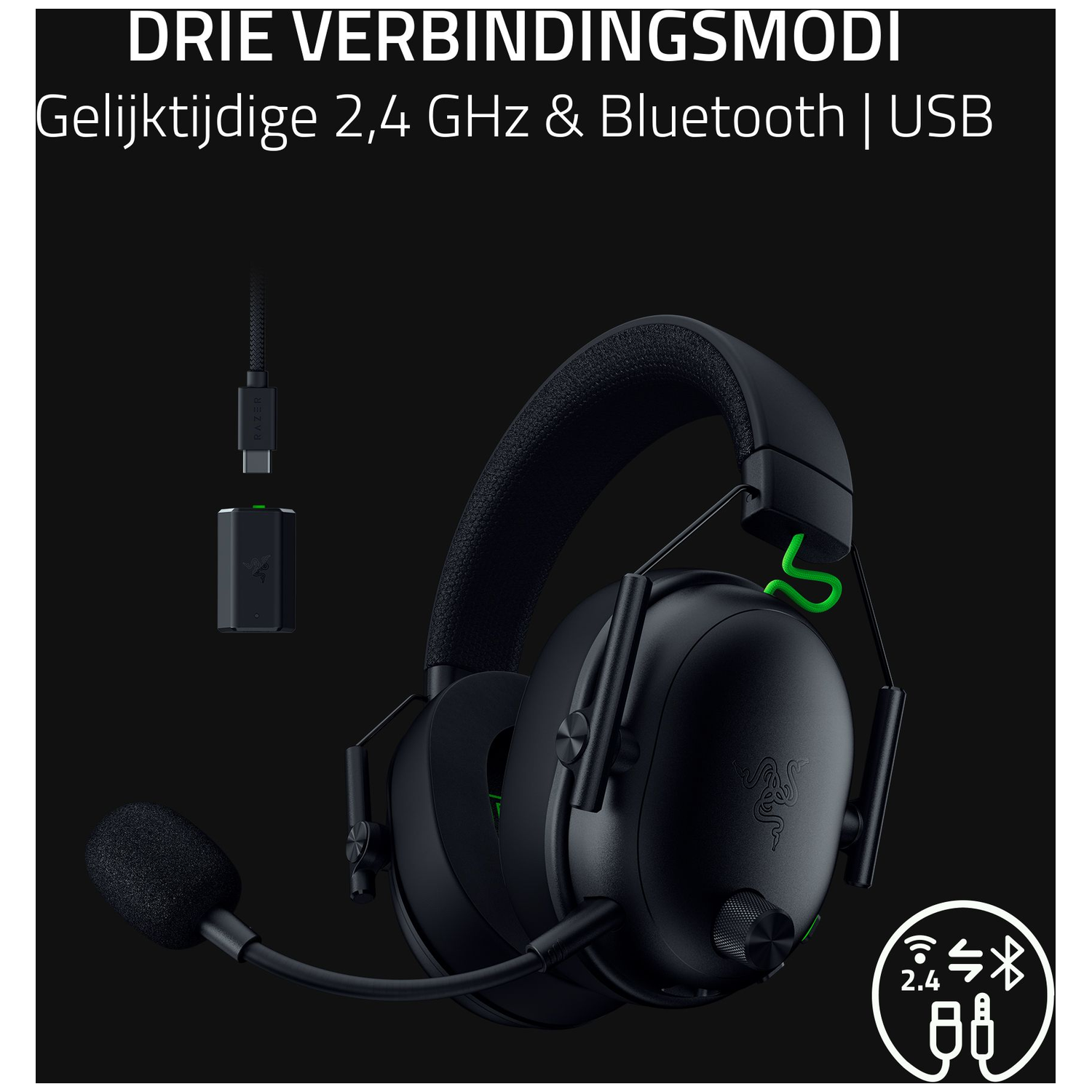 Zwarte gamingheadset met microfoon, draadloze ontvanger en USB-kabel. De tekst geeft drie verbindingsmodi aan: 2,4 GHz, Bluetooth, USB.