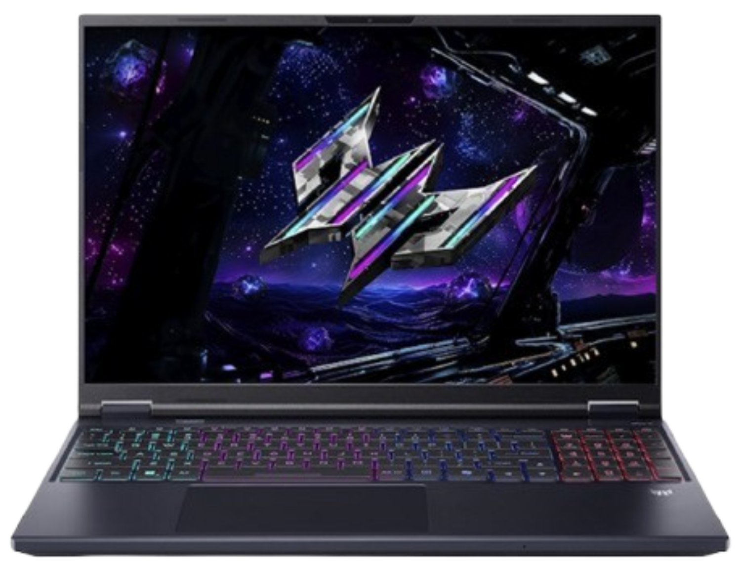 Ordenador portátil con pantalla temática espacial. El teclado tiene retroiluminación colorida. La pantalla muestra un logotipo y una escena espacial.