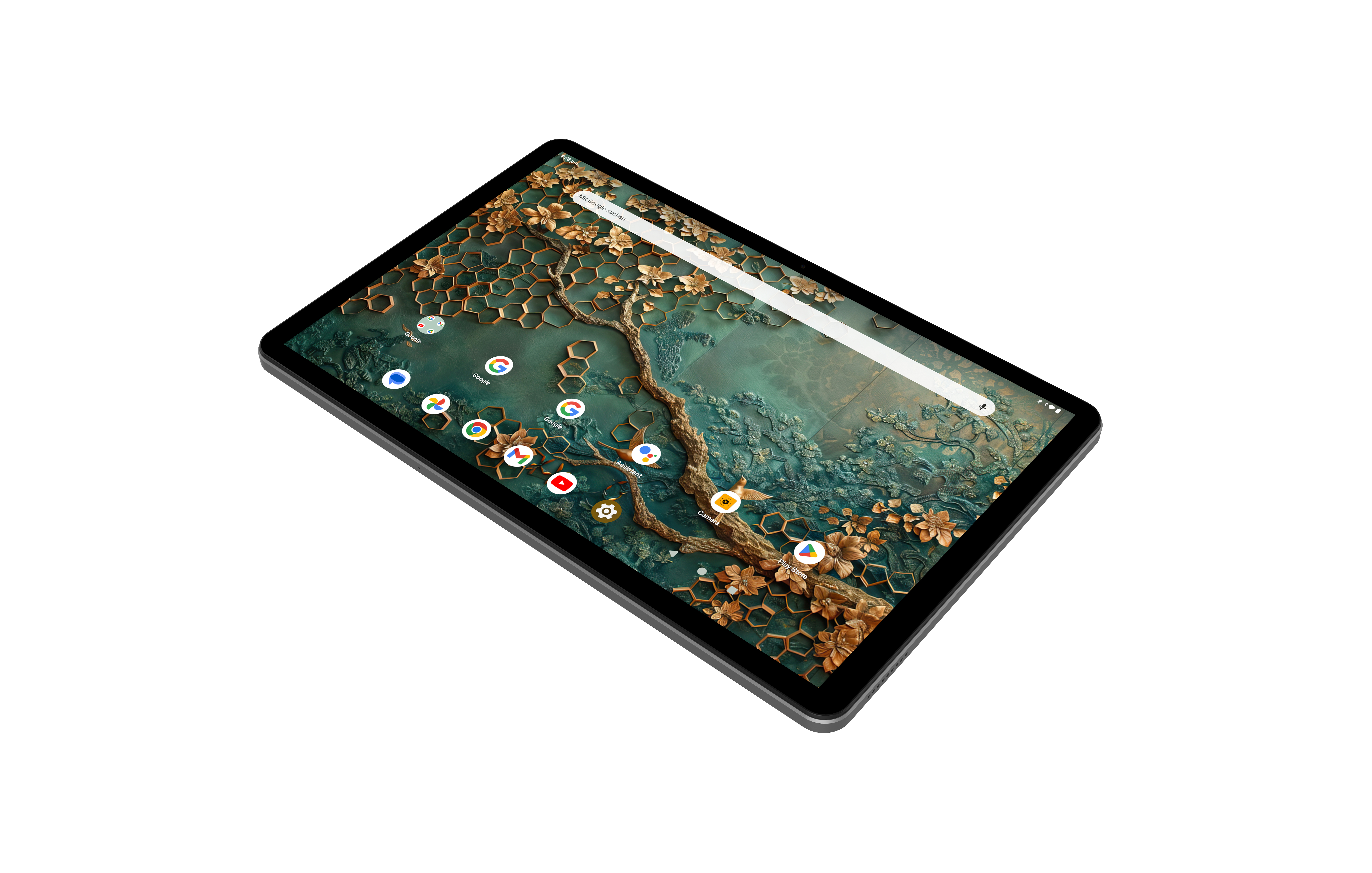 Tablet mit Naturhintergrund. Verschiedene App-Symbole sind sichtbar. Das Tablet ist auf weißem Hintergrund isoliert.