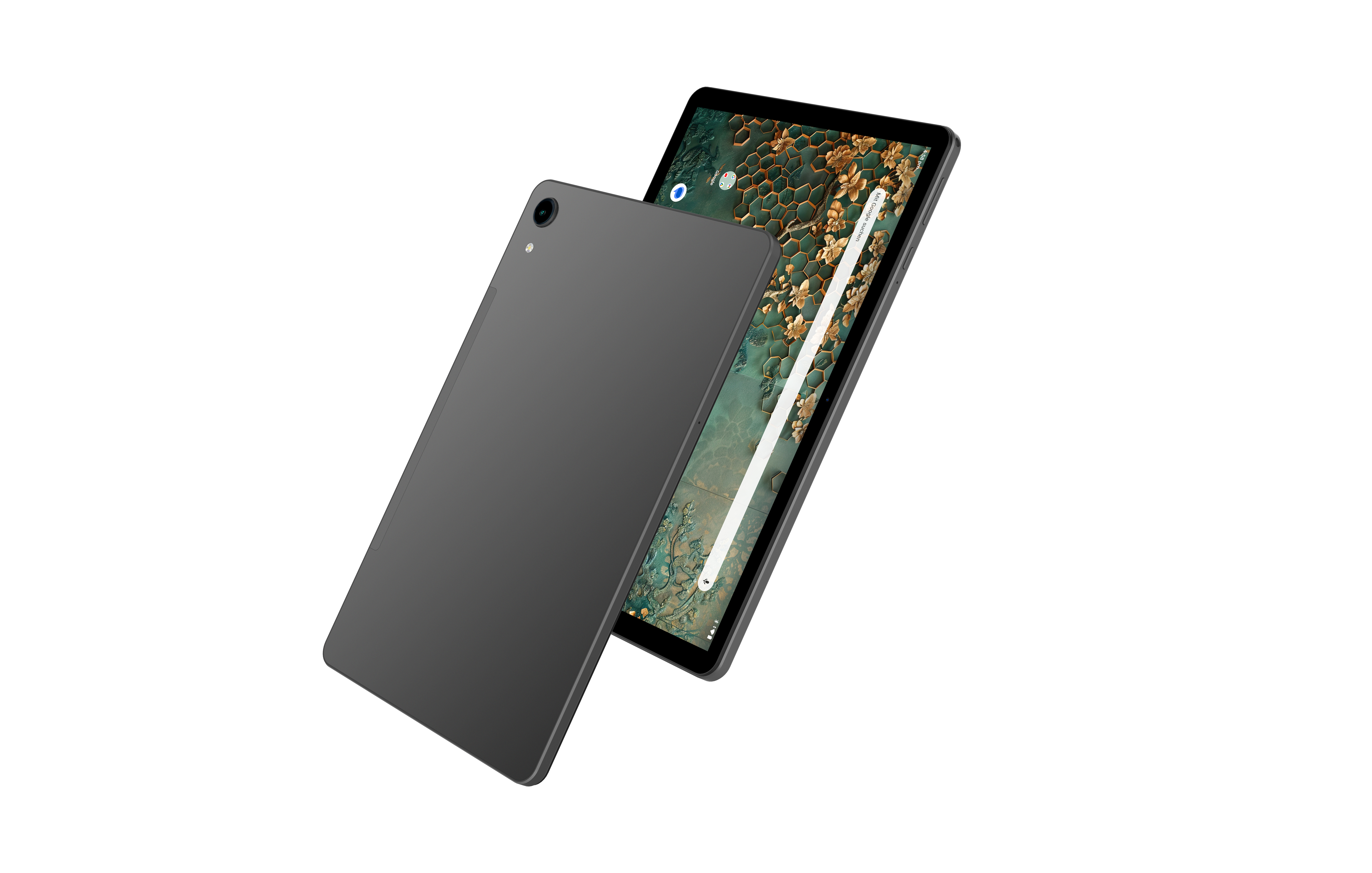 Zwei graue Tablets. Eines zeigt einen Startbildschirm mit erdfarbenem Hintergrund. Beide Tablets sind schräg auf weißem Grund.