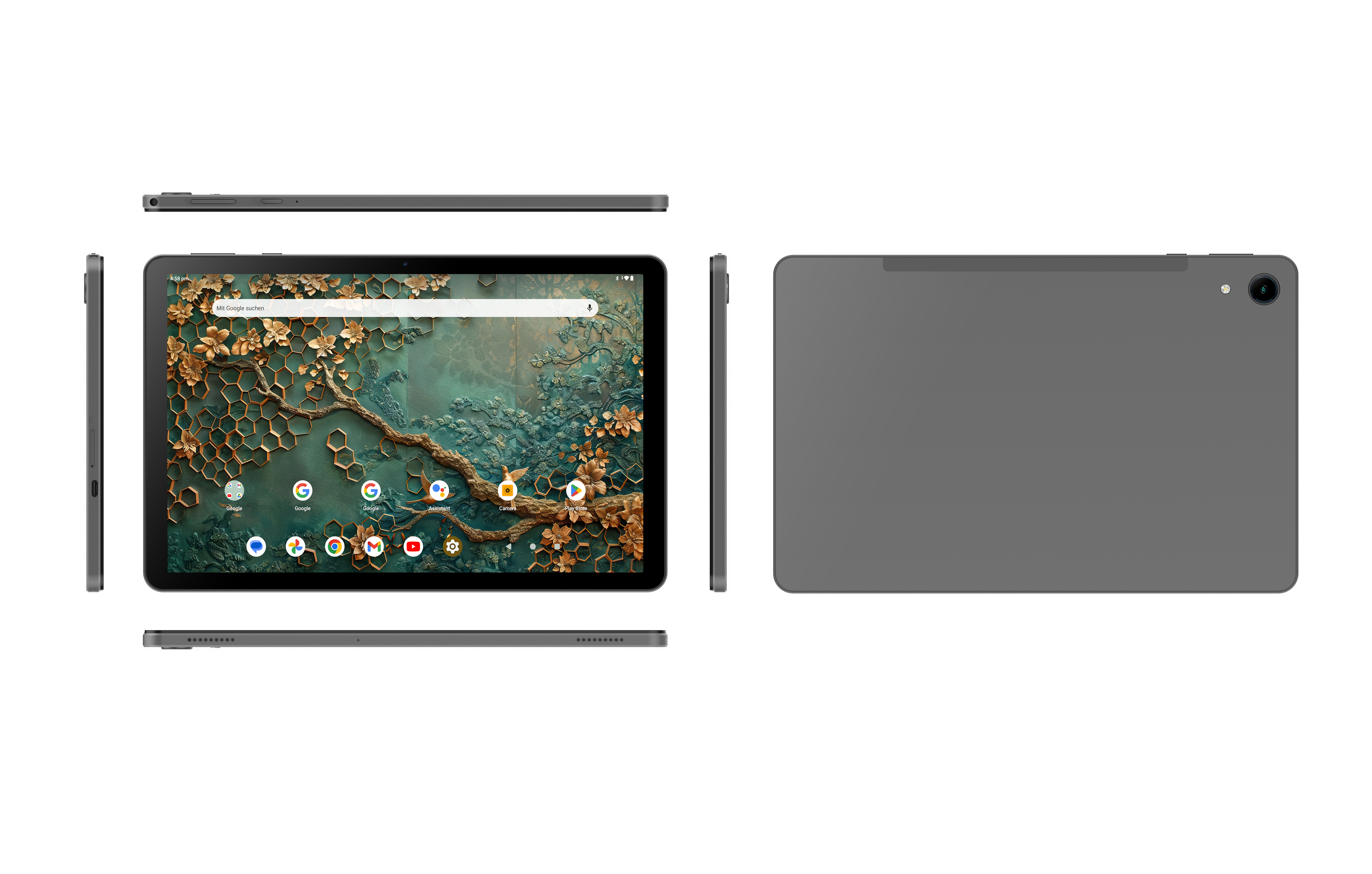 Graues Tablet mit Naturbildschirm und Google-Apps. Rückseite mit Kamera.