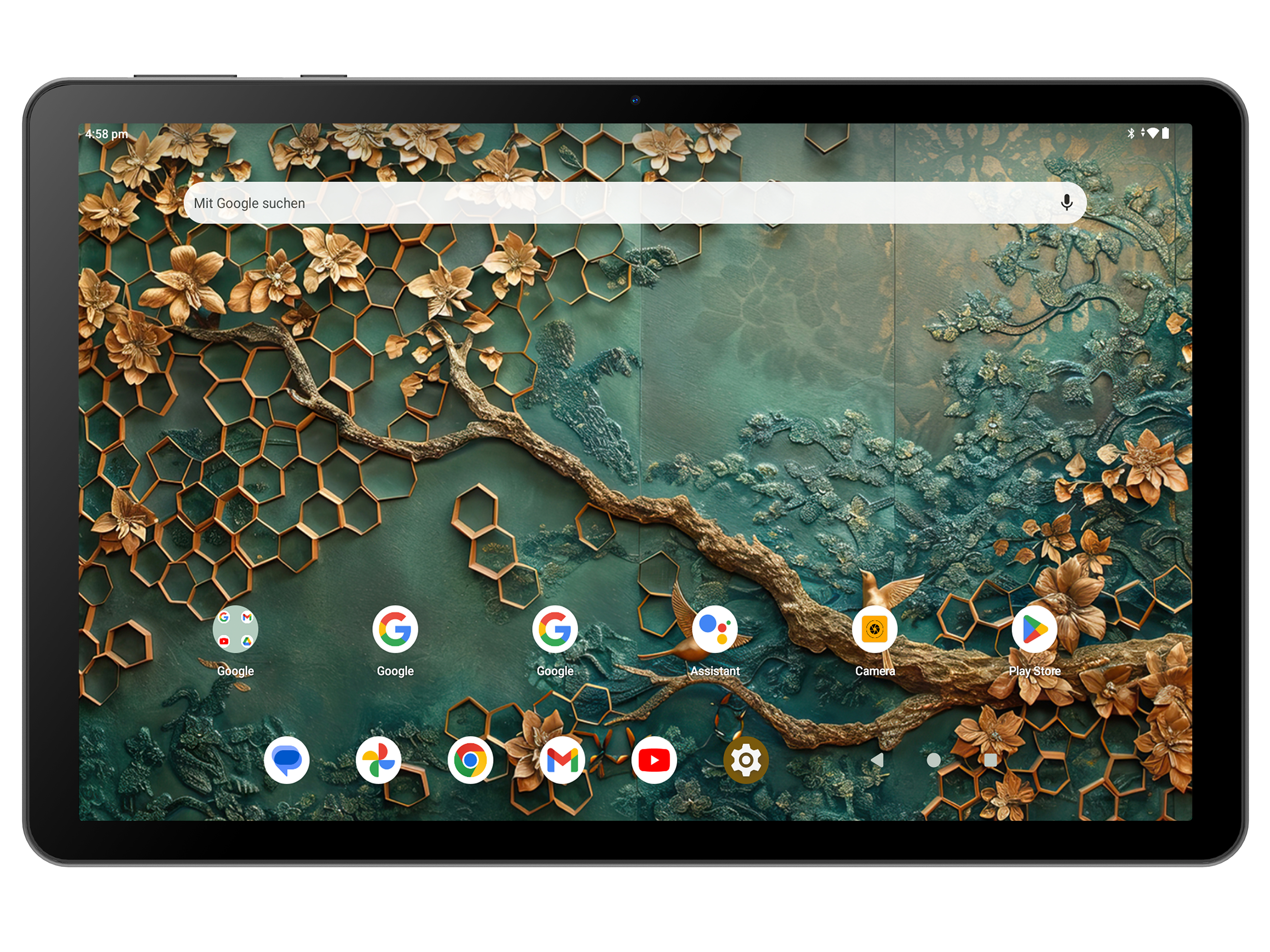 Tablet-Bildschirm mit dekorativem Hintergrund mit Blumen, Suchleiste und App-Symbolen.