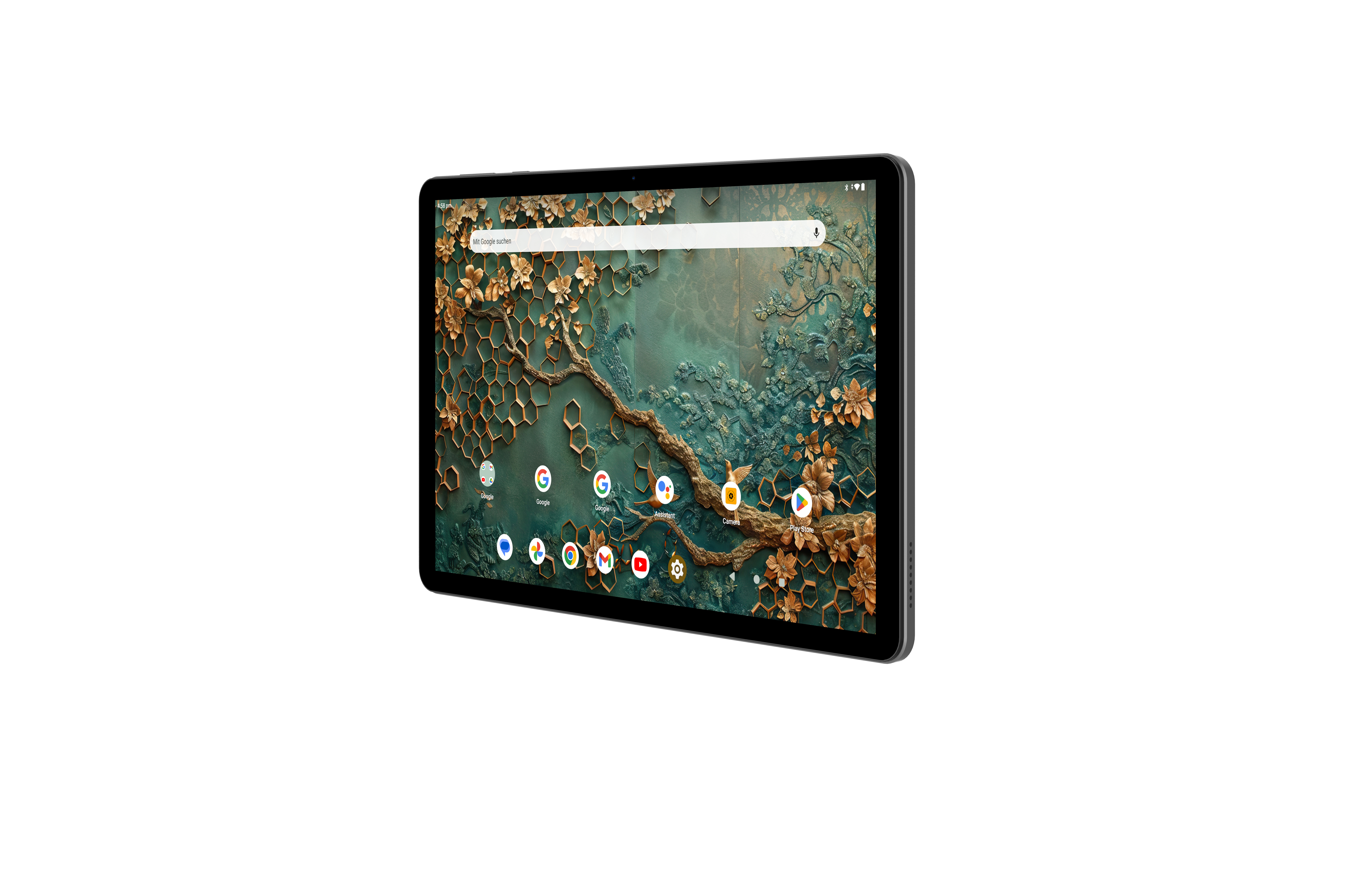 Tablet mit Naturhintergrund. Google App-Symbole sind sichtbar. Das Tablet vor weißem Hintergrund.