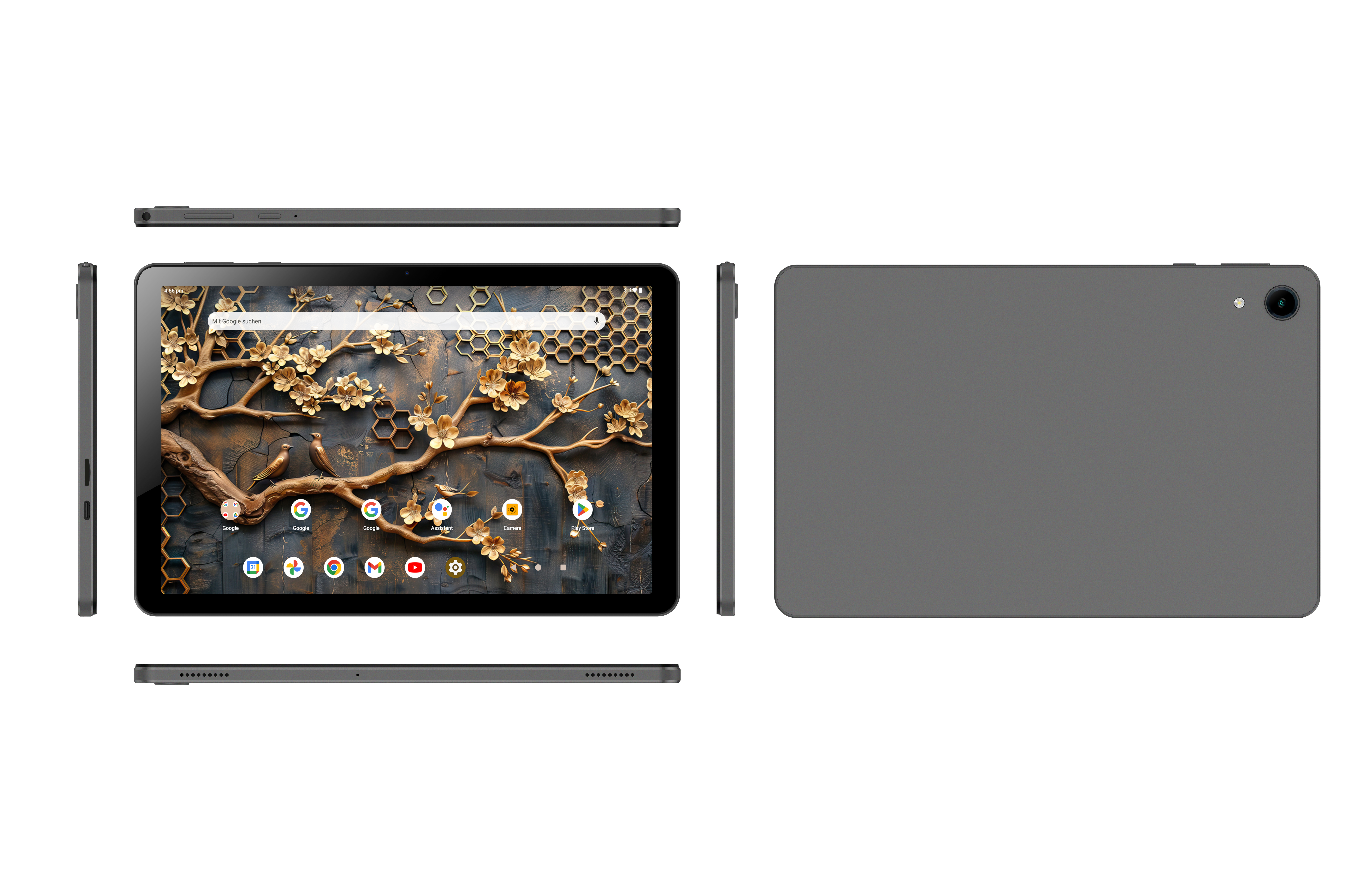 Grauer Tablet-Rahmen, Vorderseite mit Bildschirm, der eine künstlerische Tapete mit goldenen Blumen zeigt. Die Rückseite ist schlicht grau.