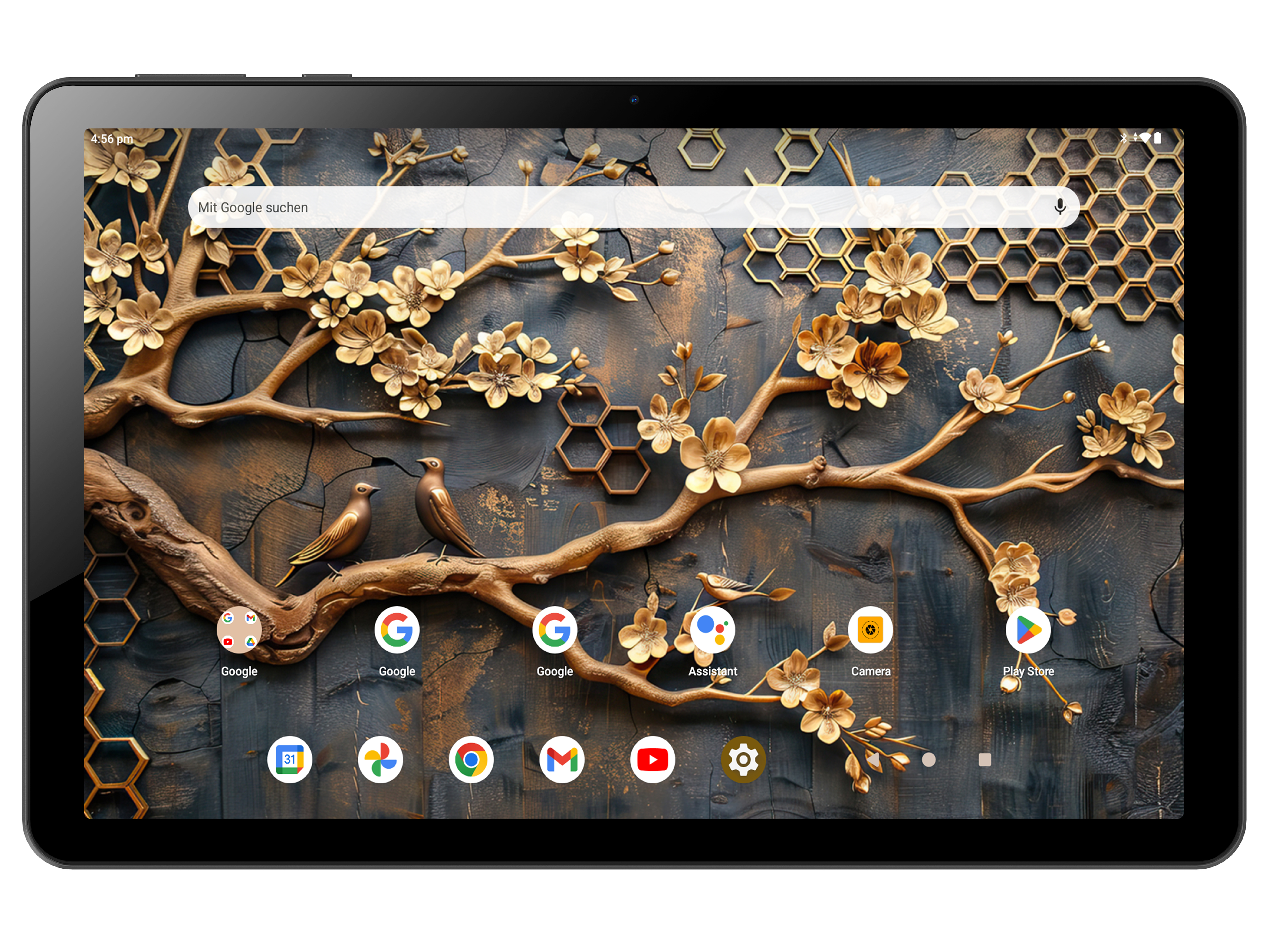 Tablet-Bildschirm mit floralem Design und Symbolen für Google, Assistant und Play Store. Zwei Vögel sitzen auf einem Ast.