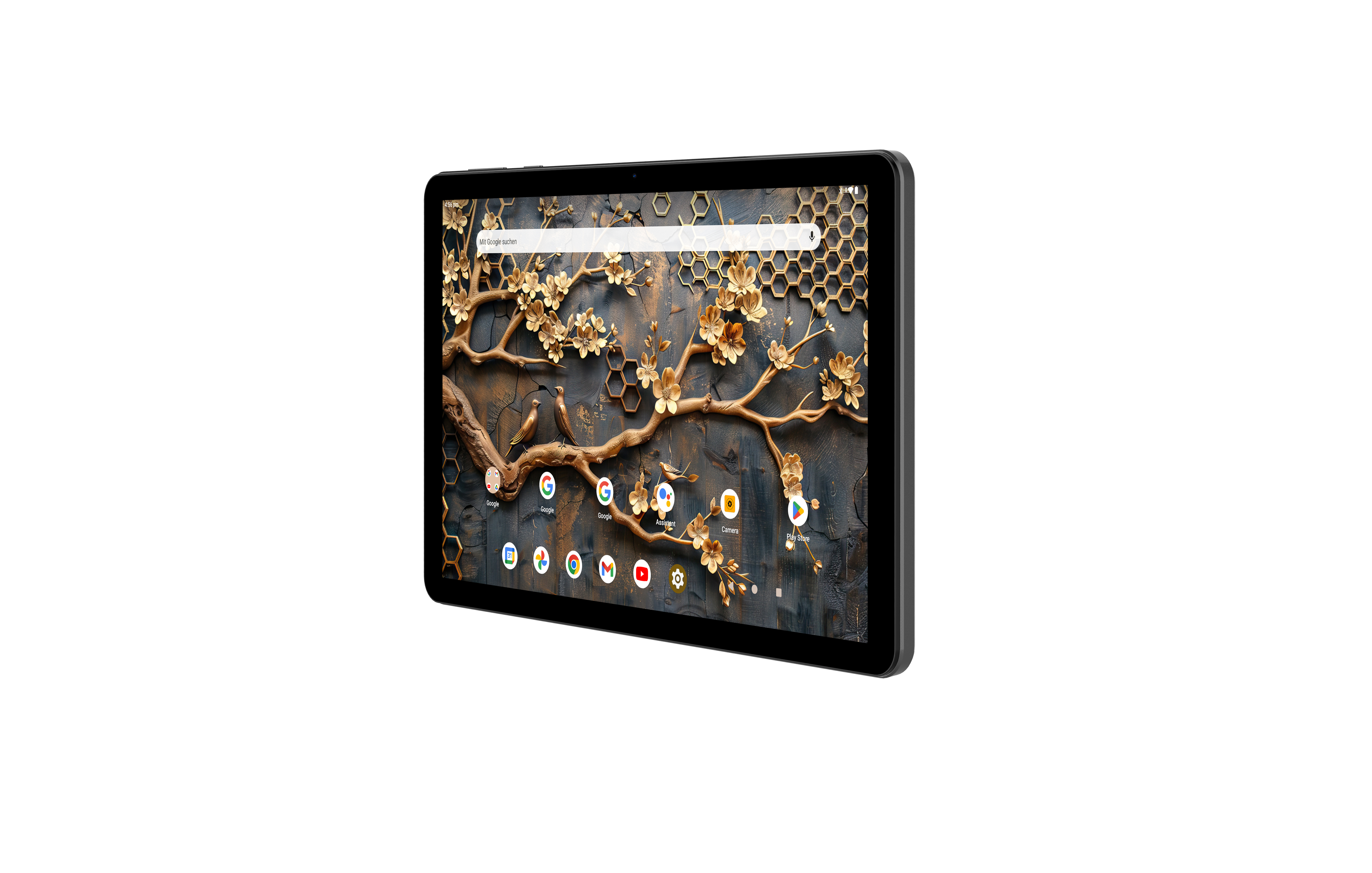 Tablet mit Blumentapete. App-Symbole sind sichtbar. Das Tablet ist schwarz, mit weißem Hintergrund.