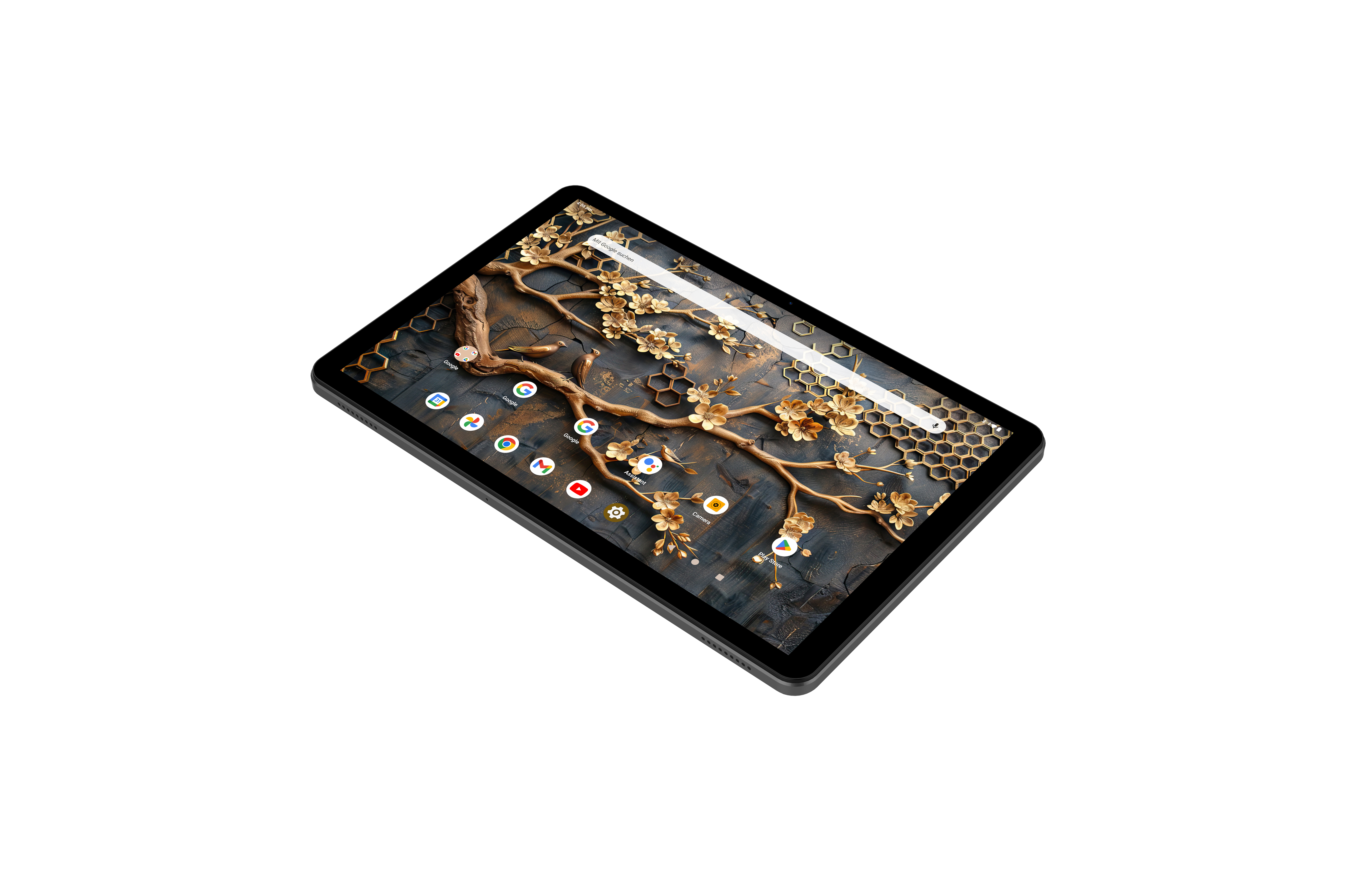 Tablet mit floralem Design. Apps sind sichtbar. Der Hintergrund ist weiß.