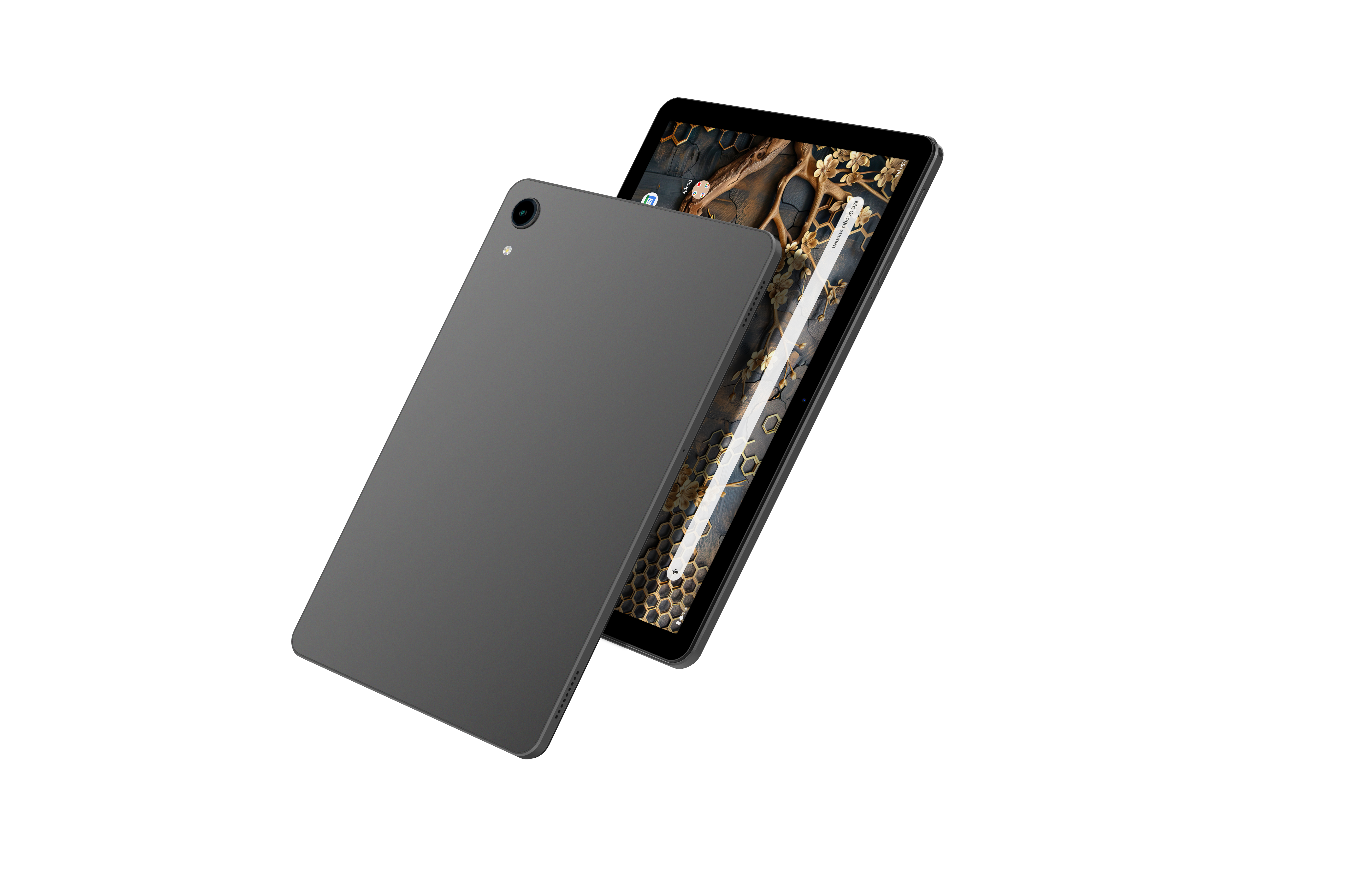 Zwei graue Tablets. Eines ist geneigt und zeigt ein goldenes Wabenmuster. Das andere ist dahinter und zeigt die Rückseite.